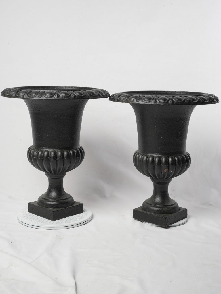 Pair of Early 20th Century French Cast Iron Medici Urns w/ Black Patina - 21¼"