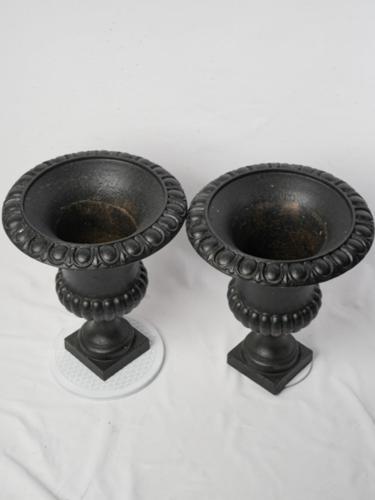 Pair of Early 20th Century French Cast Iron Medici Urns w/ Black Patina - 21¼"