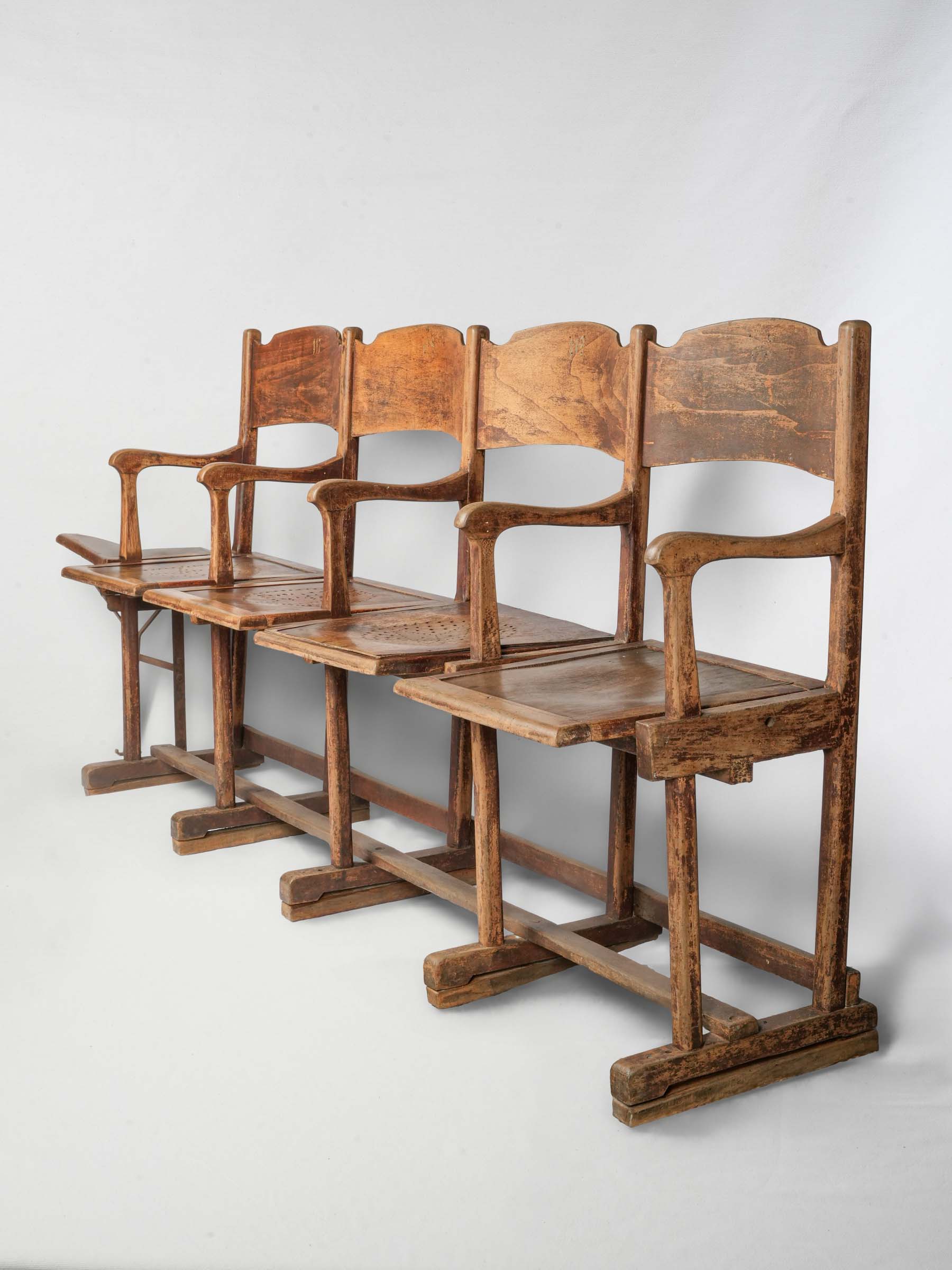 Early 20th-Century French Folding Cinema Bench with Four Seats and End Tip-Up Seat - 93"