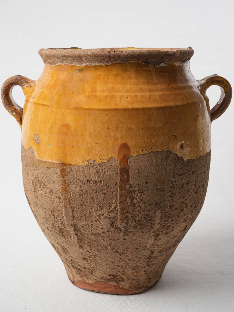 Large French Antique Confit Pot W/ Timeworn Ochre Glaze - 13½"