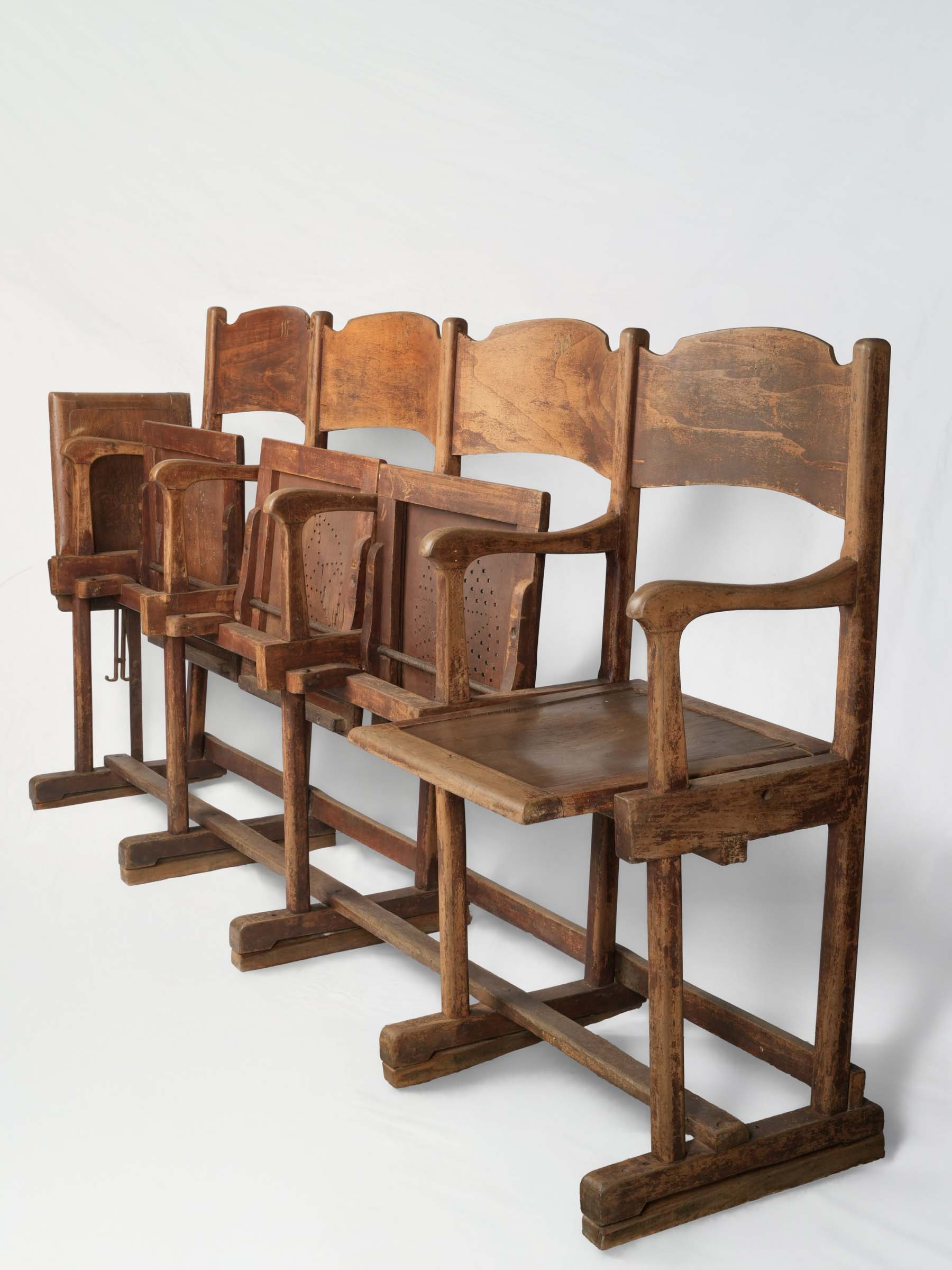 Early 20th-Century French Folding Cinema Bench with Four Seats and End Tip-Up Seat - 93"