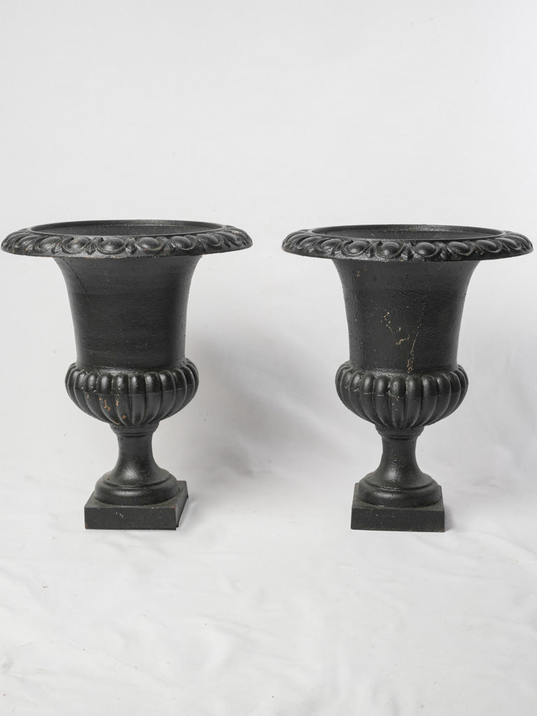 Pair of Early 20th Century French Cast Iron Medici Urns w/ Black Patina - 21¼"