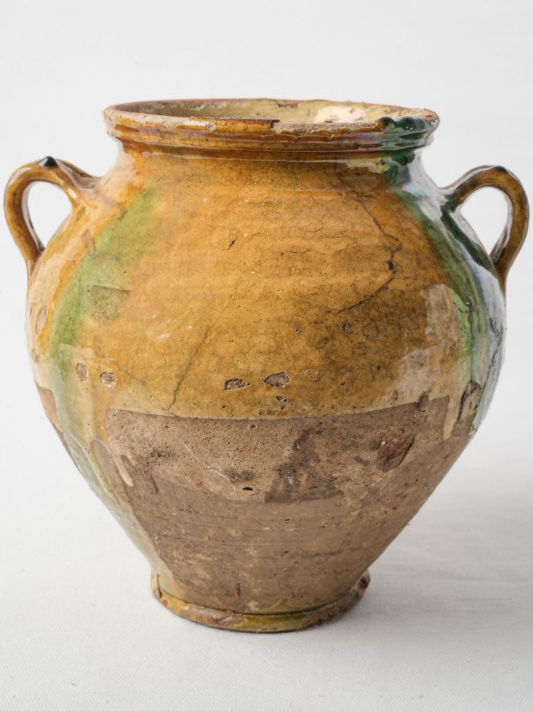 Charming Antique French Confit Pot w/ Ochre and Green Glaze - 9½"
