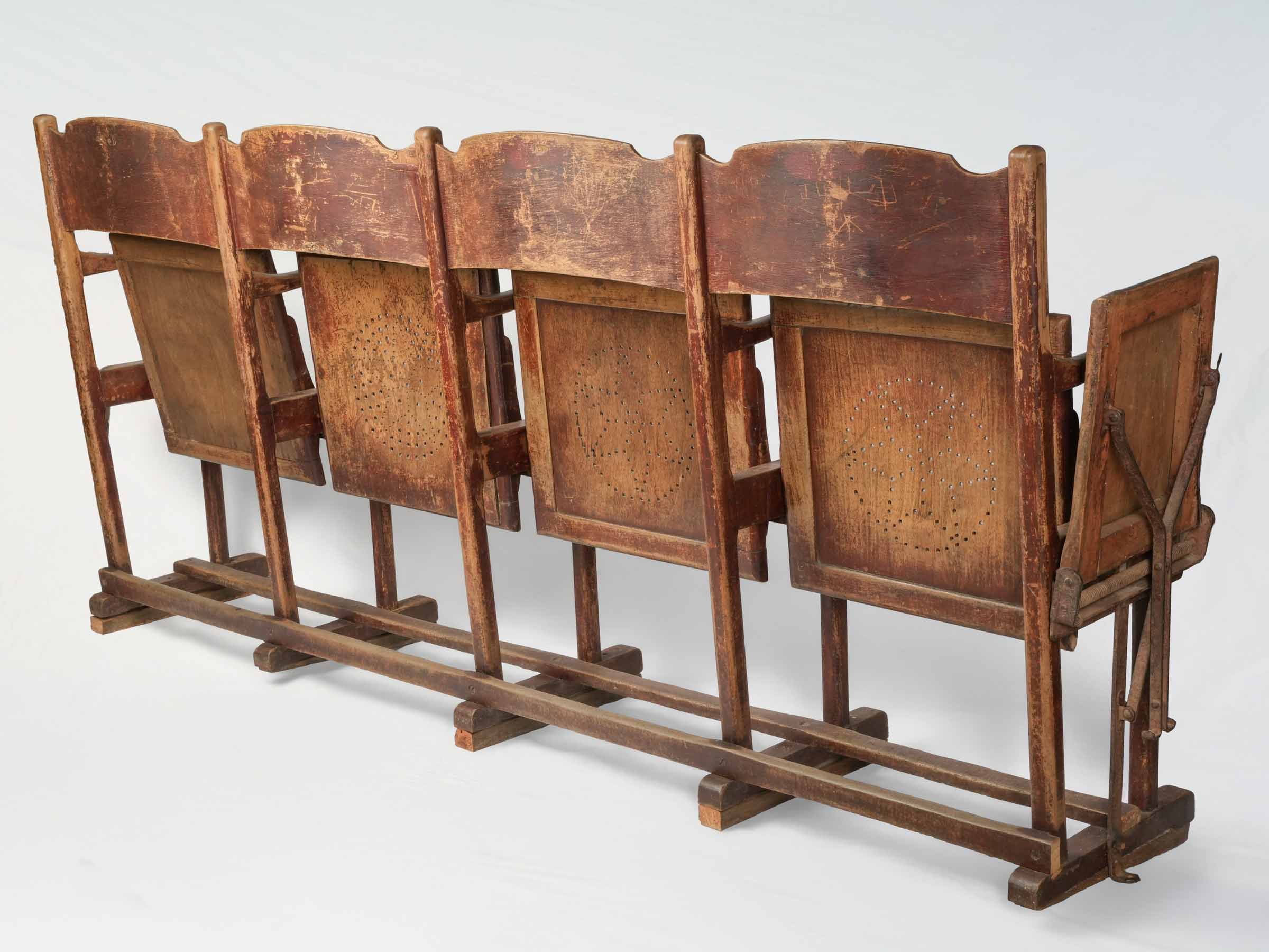 Early 20th-Century French Folding Cinema Bench with Four Seats and End Tip-Up Seat - 93"