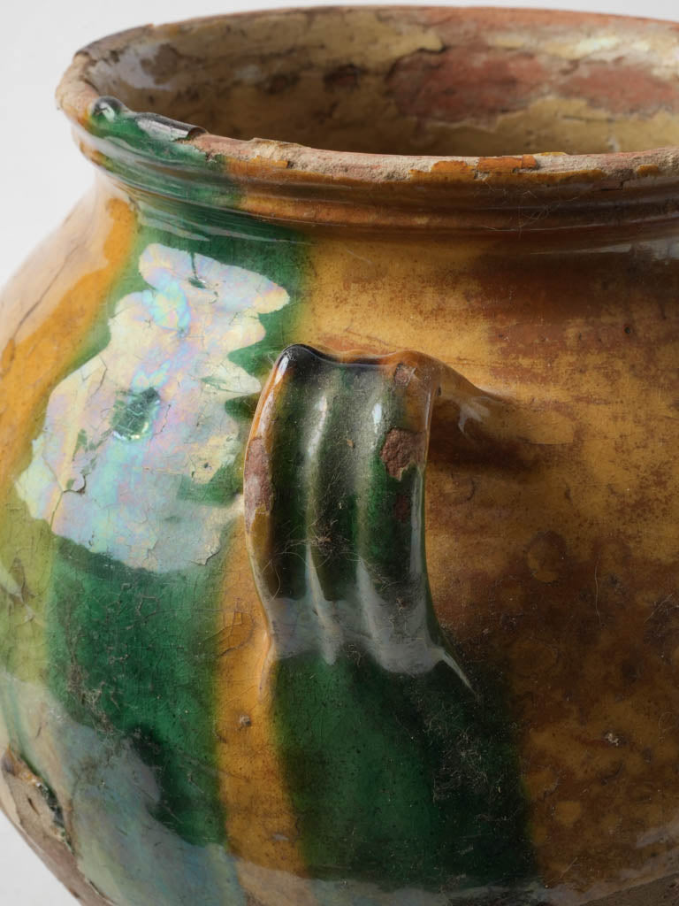 Charming Antique French Confit Pot w/ Ochre and Green Glaze - 9½"