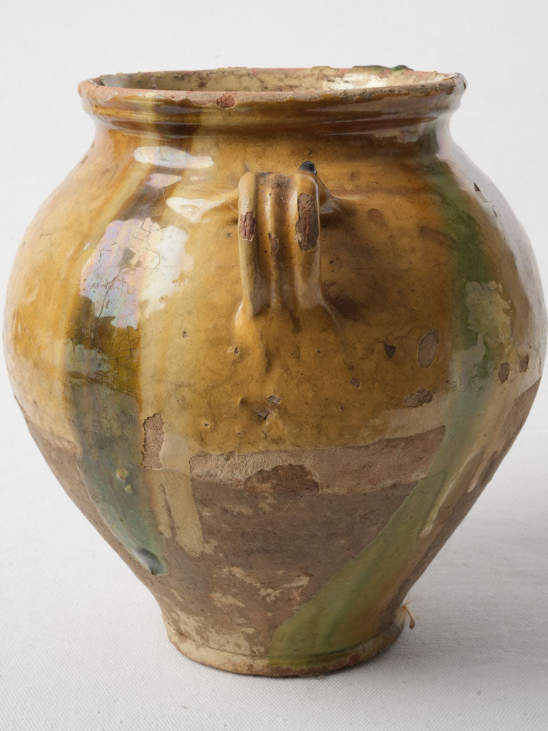 Charming Antique French Confit Pot w/ Ochre and Green Glaze - 9½"
