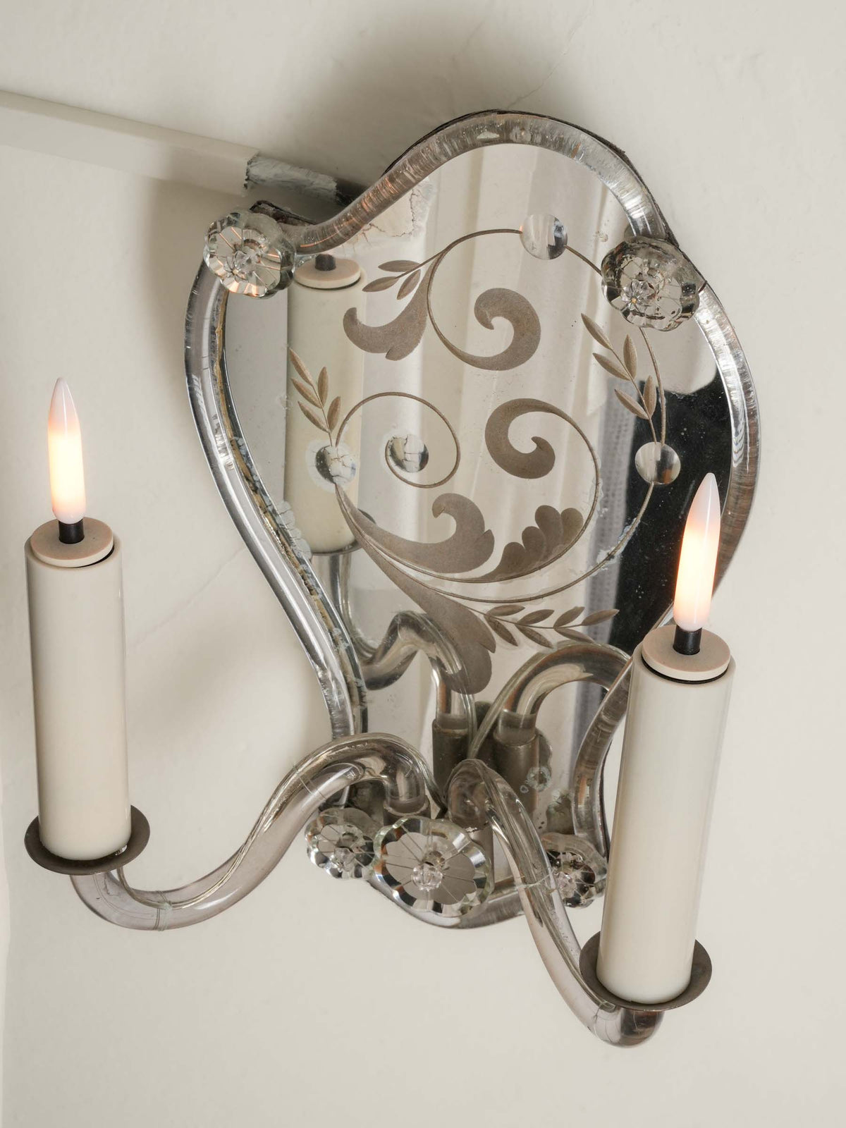 Pair of Early 20th-Century Venetian Engraved-Mirror Sconces - 11¾" x 8¾"