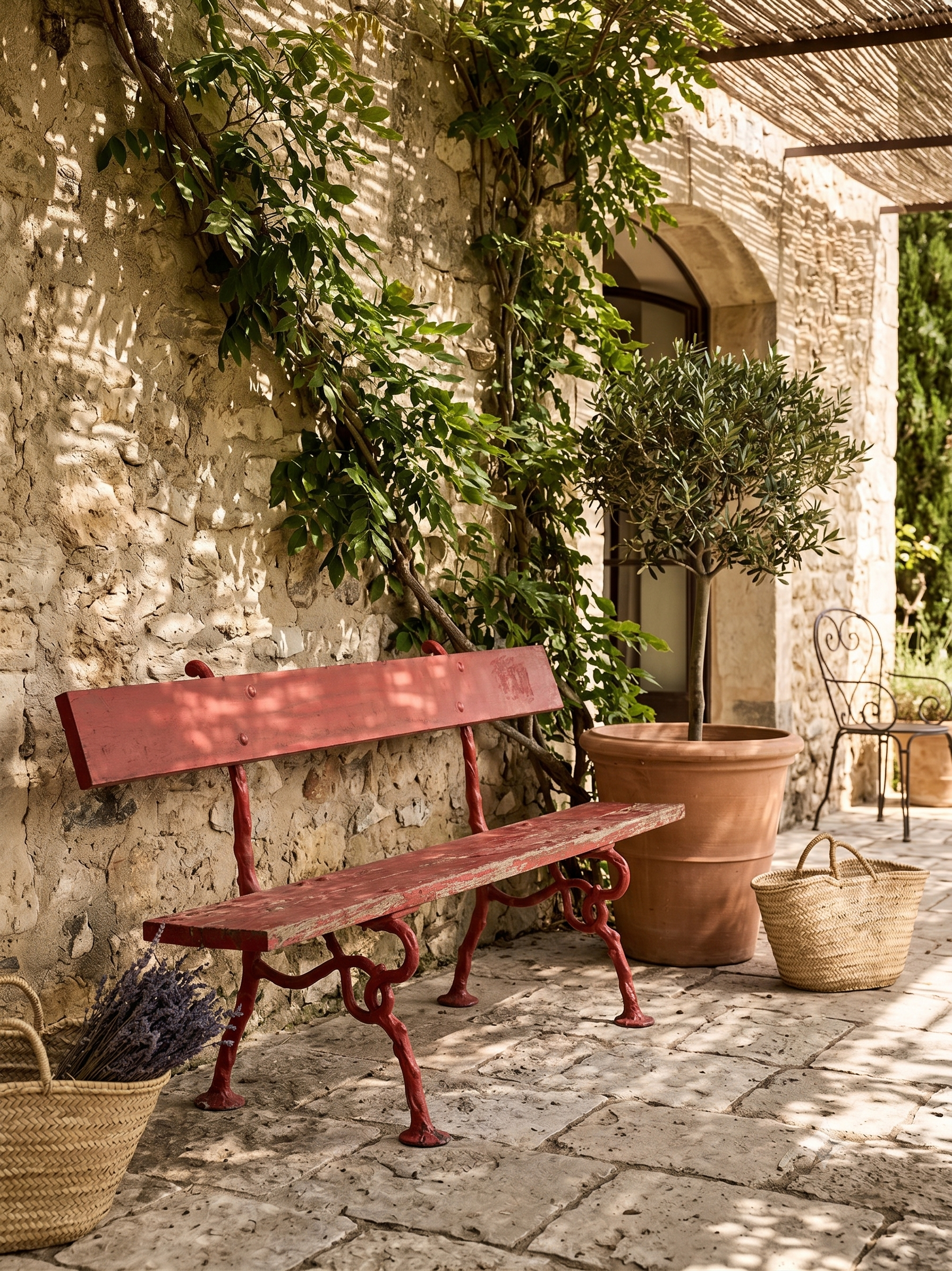 Whimsical Garden Bench w/ Branch-Form Cast Iron Supports and Red Painted Finish - 63"