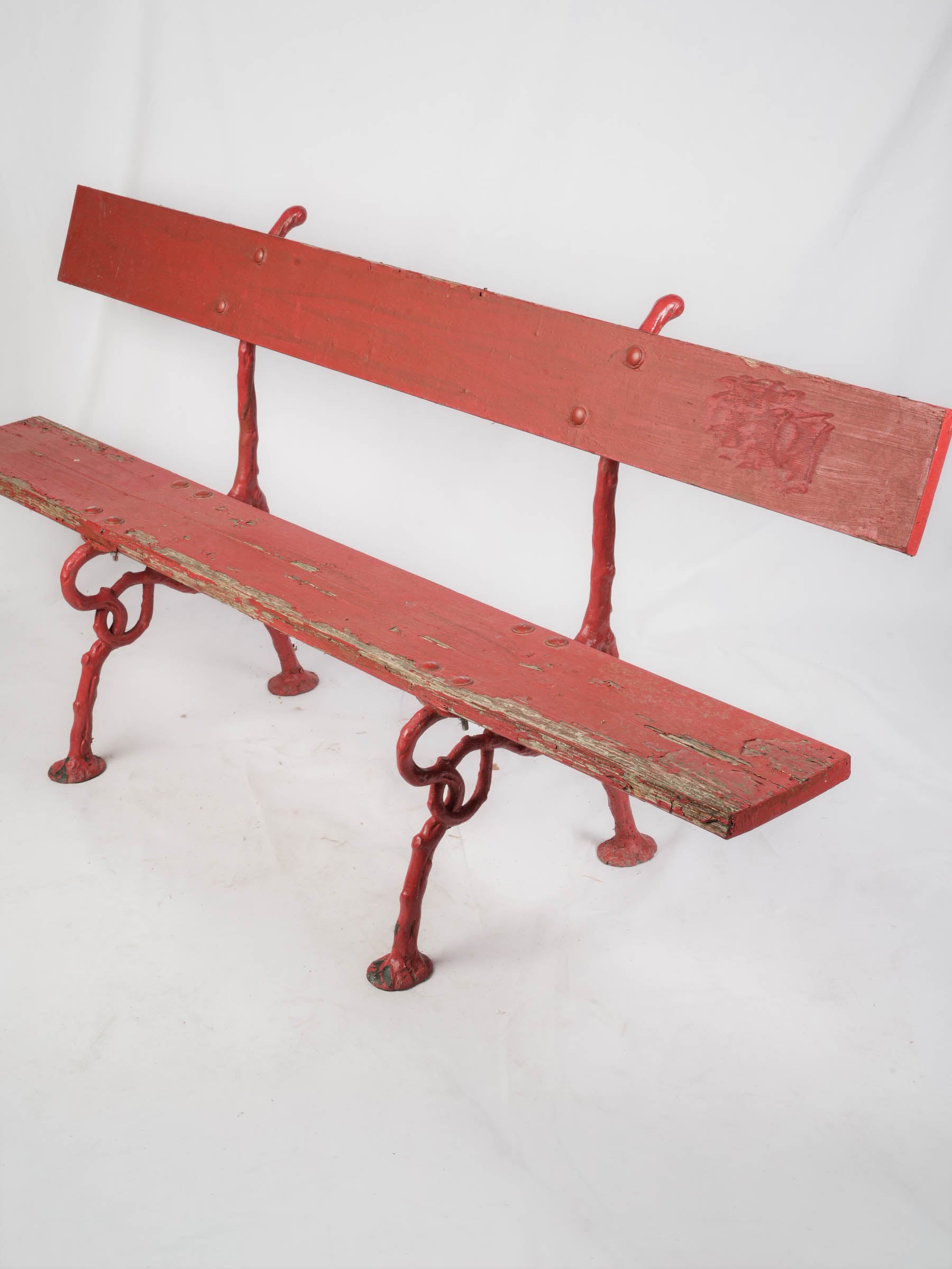 Whimsical Garden Bench w/ Branch-Form Cast Iron Supports and Red Painted Finish - 63"