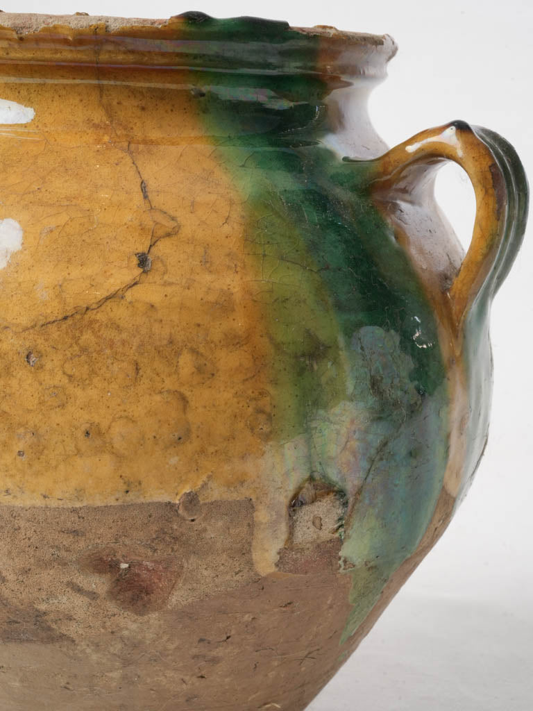 Charming Antique French Confit Pot w/ Ochre and Green Glaze - 9½"