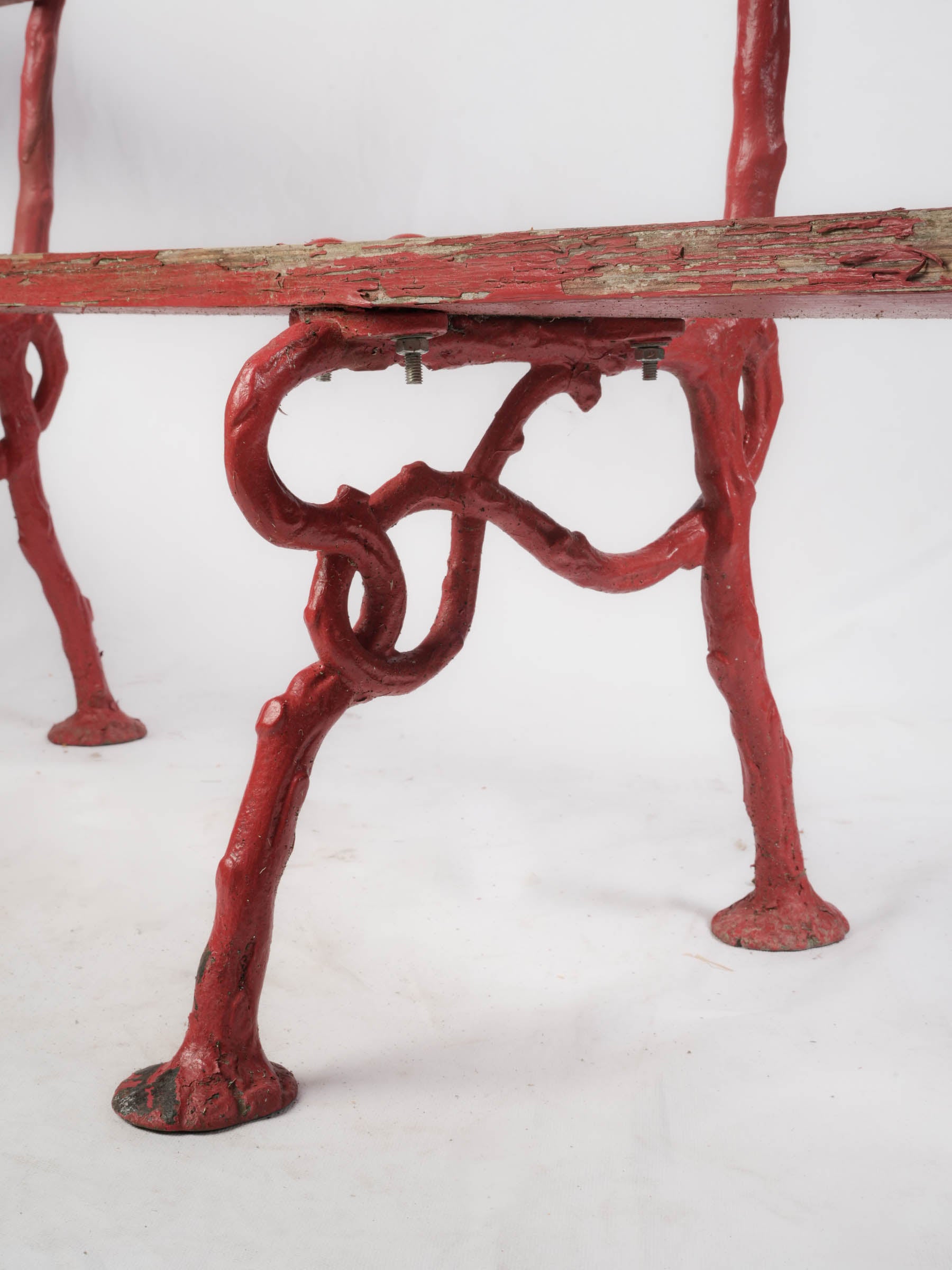 Whimsical Garden Bench w/ Branch-Form Cast Iron Supports and Red Painted Finish - 63"