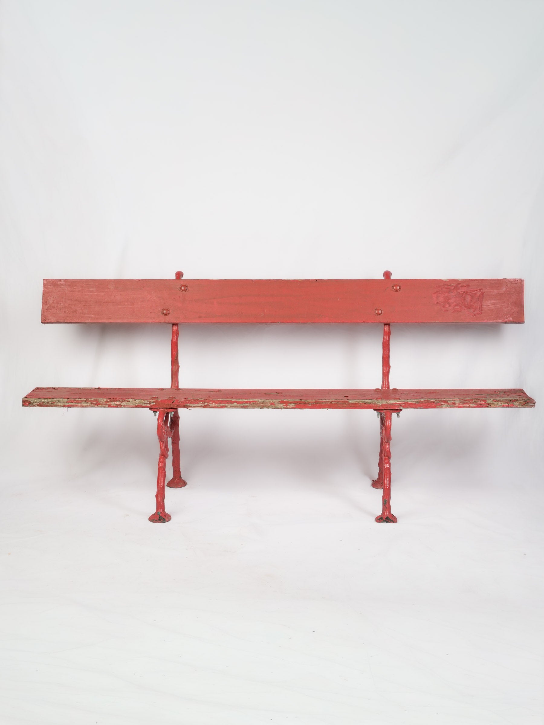 Whimsical Garden Bench w/ Branch-Form Cast Iron Supports and Red Painted Finish - 63"