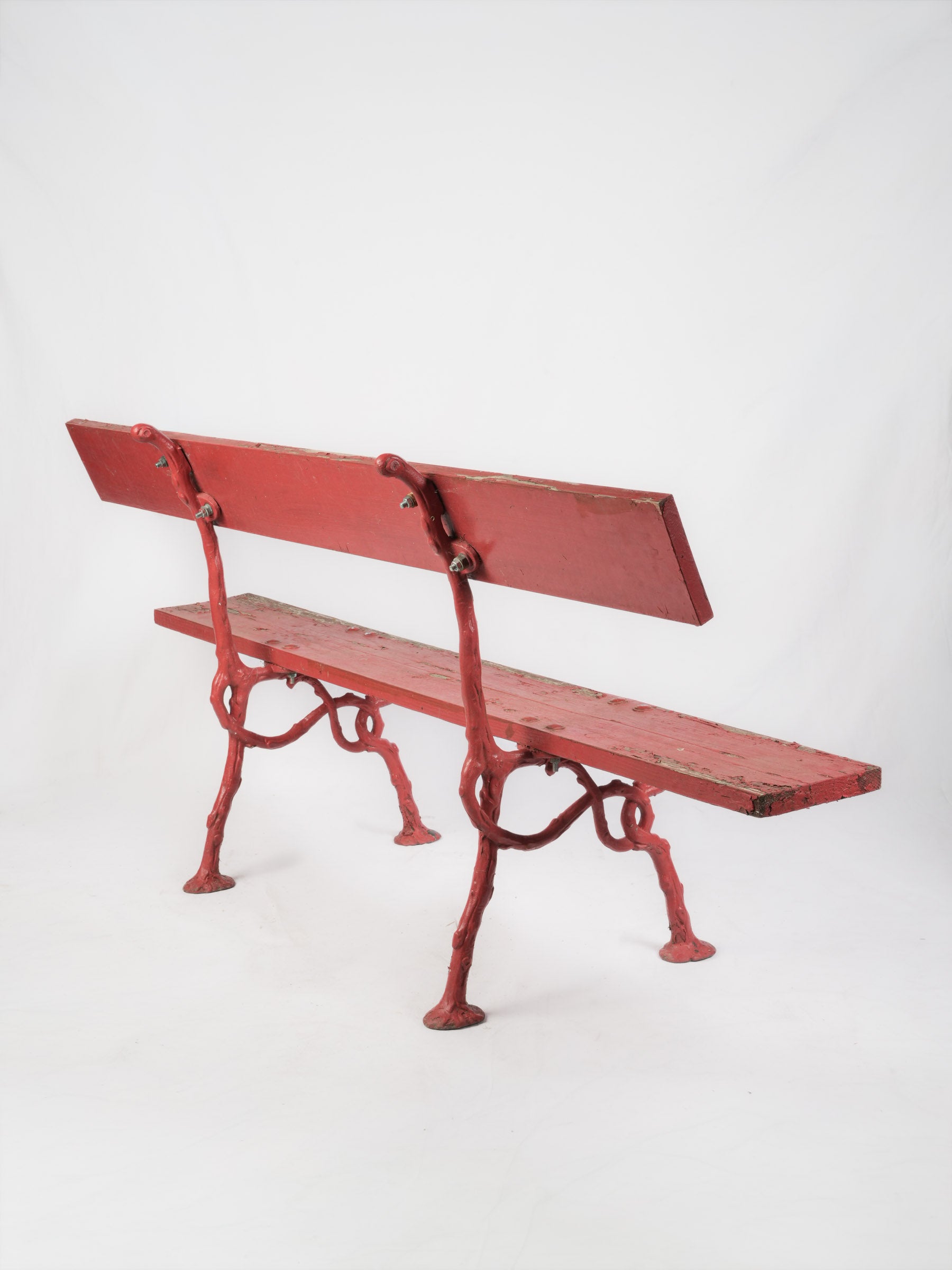 Whimsical Garden Bench w/ Branch-Form Cast Iron Supports and Red Painted Finish - 63"