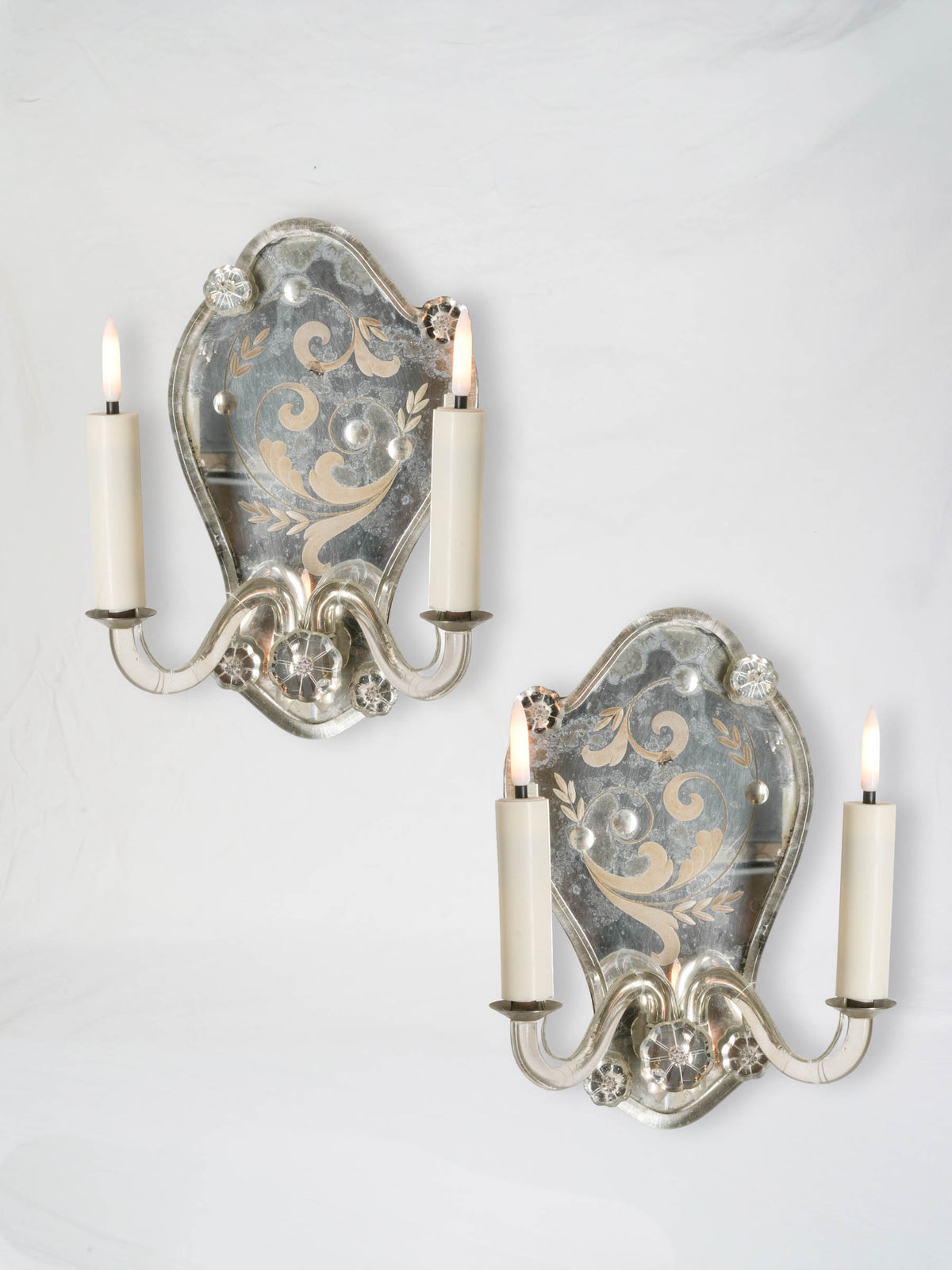 Pair of Early 20th-Century Venetian Engraved-Mirror Sconces - 11¾" x 8¾"