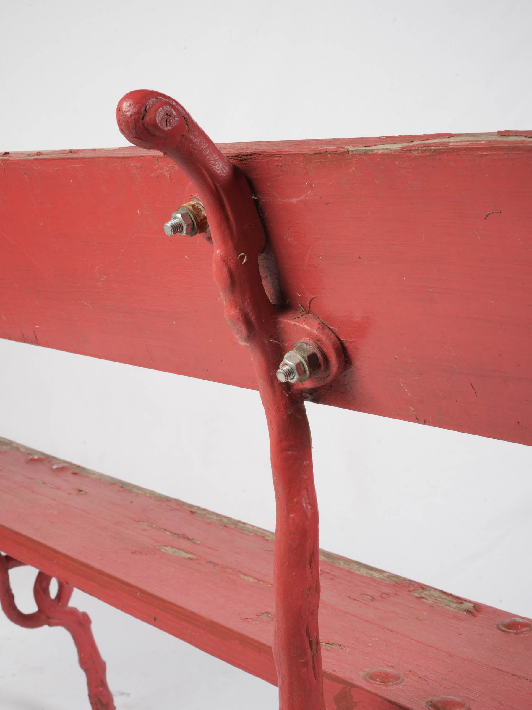 Whimsical Garden Bench w/ Branch-Form Cast Iron Supports and Red Painted Finish - 63"