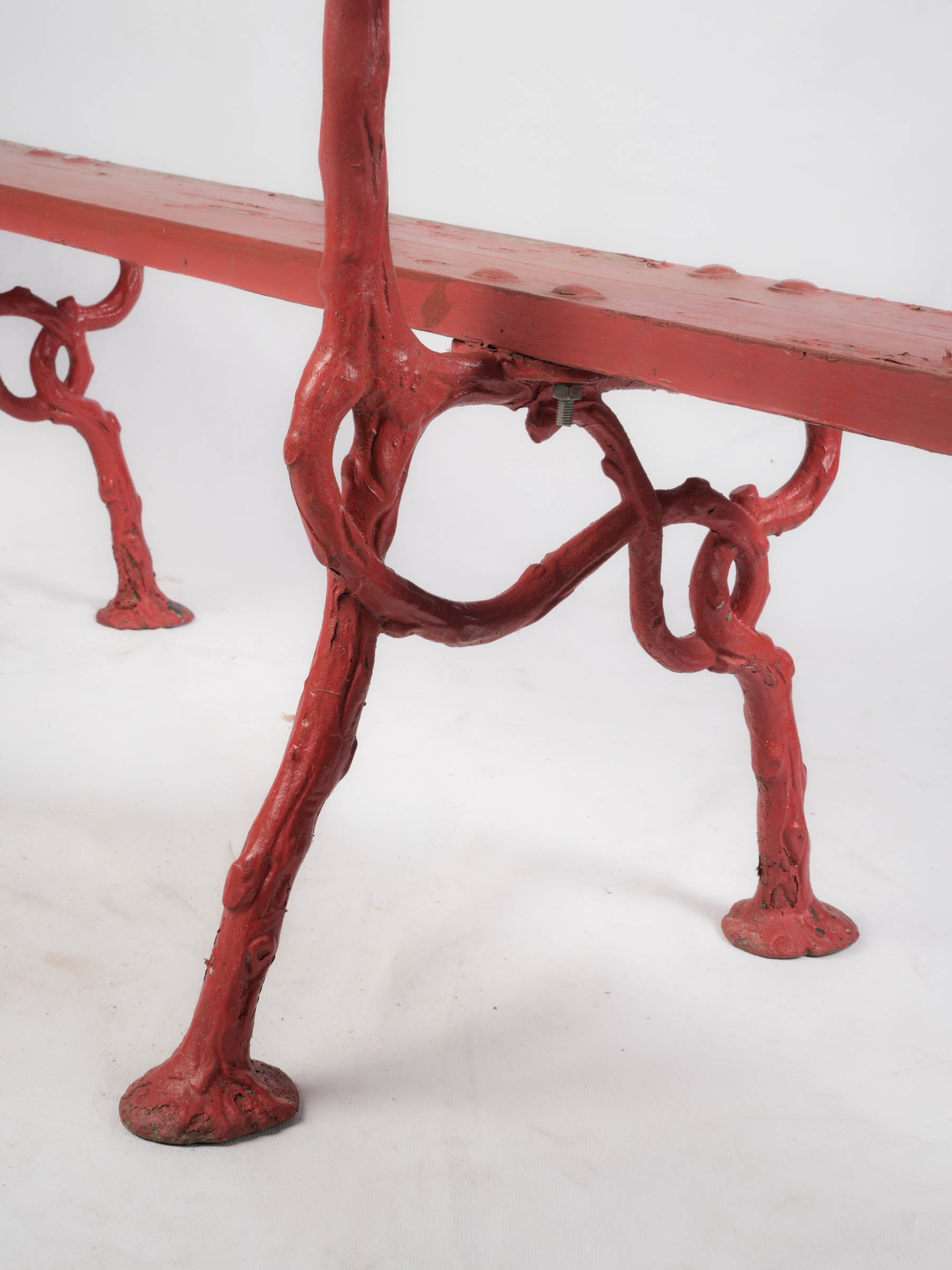 Whimsical Garden Bench w/ Branch-Form Cast Iron Supports and Red Painted Finish - 63"