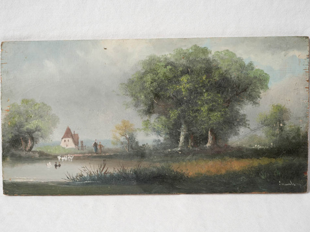 Vintage wood panel landscape art  