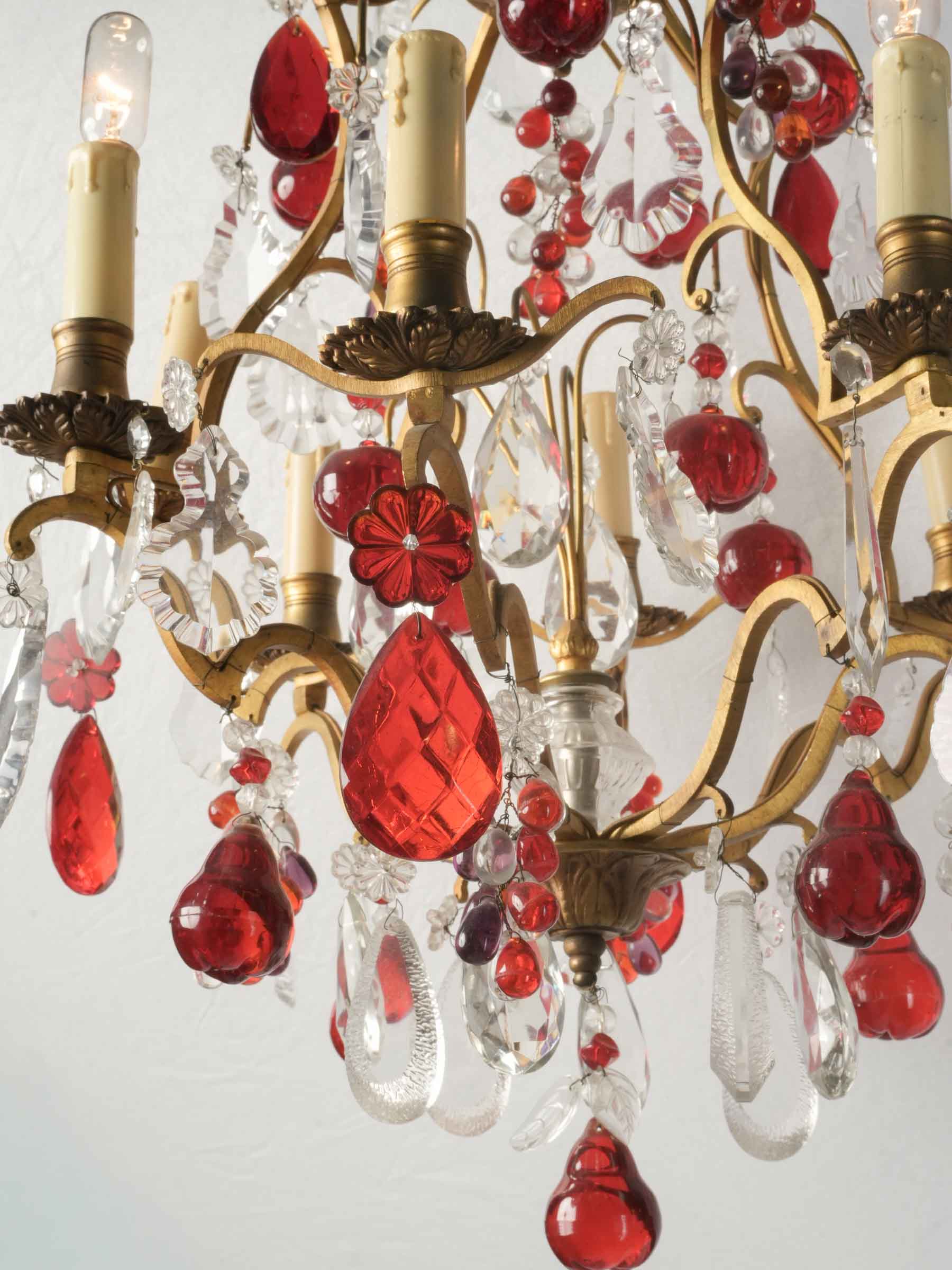 Eight-Light Gilt Bronze Chandelier w/ Abundant Ruby-Red and Clear Glass Pendants, Early to Mid-20th Century - 32¼"