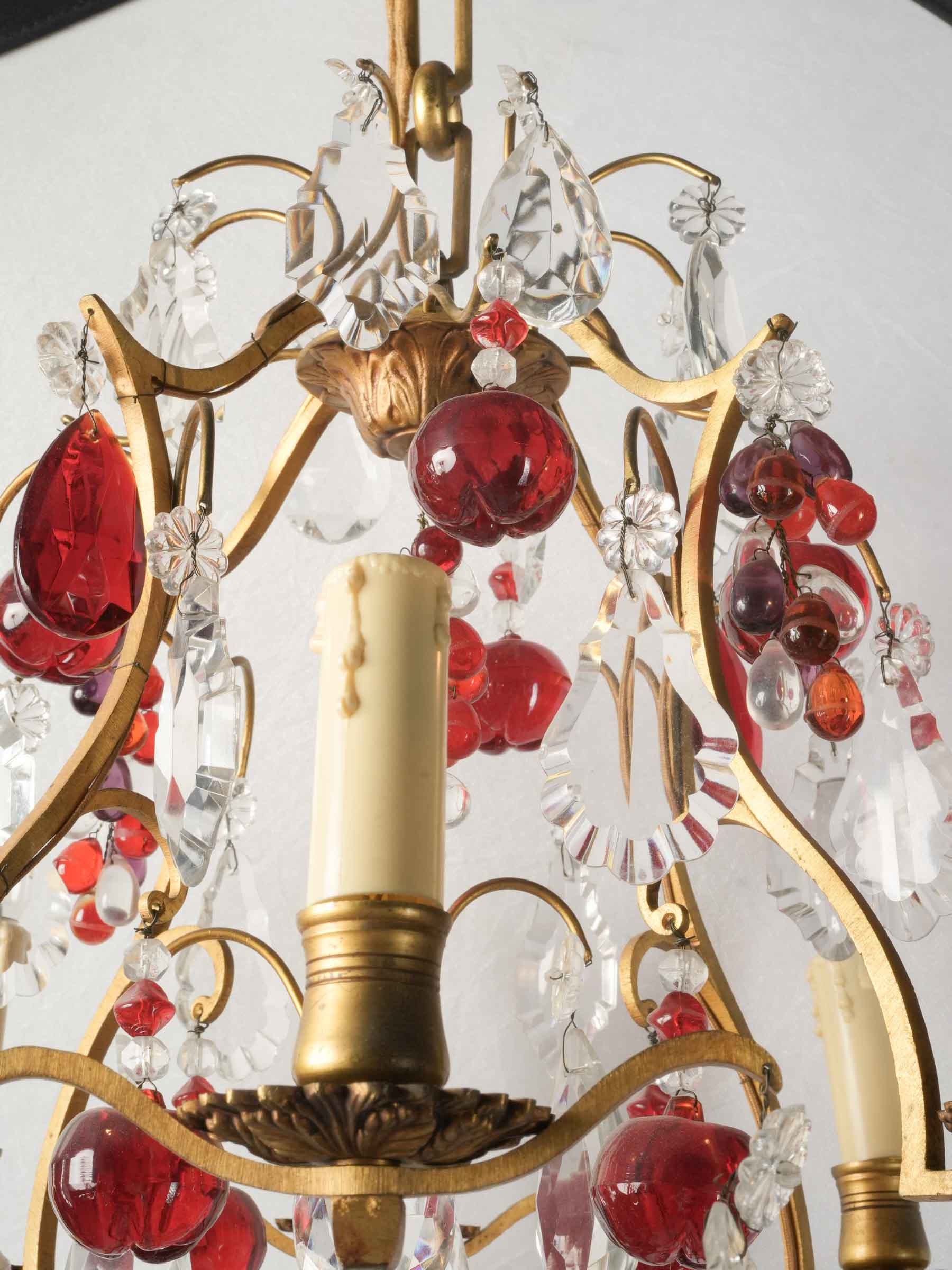 Eight-Light Gilt Bronze Chandelier w/ Abundant Ruby-Red and Clear Glass Pendants, Early to Mid-20th Century - 32¼"