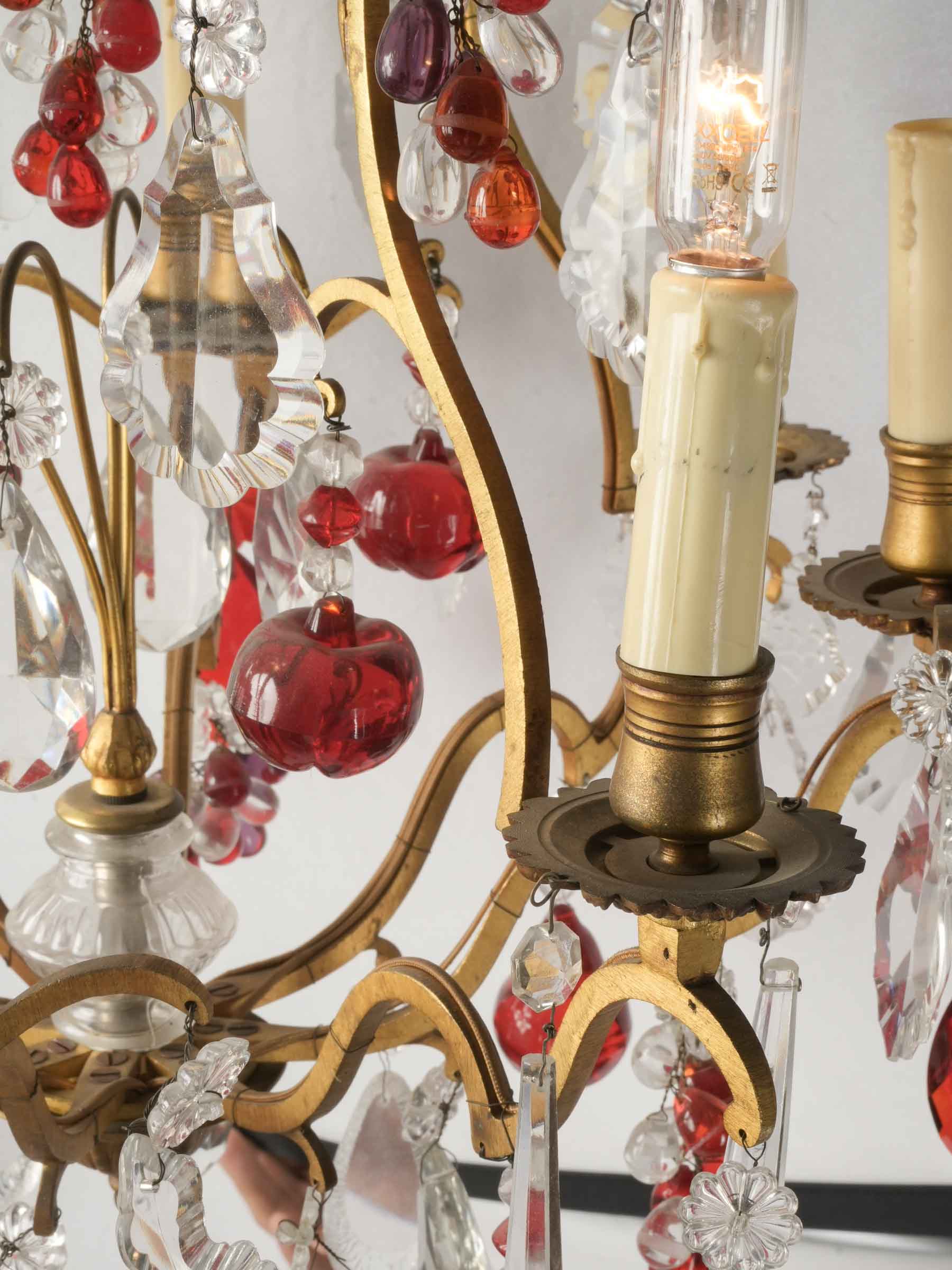 Eight-Light Gilt Bronze Chandelier w/ Abundant Ruby-Red and Clear Glass Pendants, Early to Mid-20th Century - 32¼"