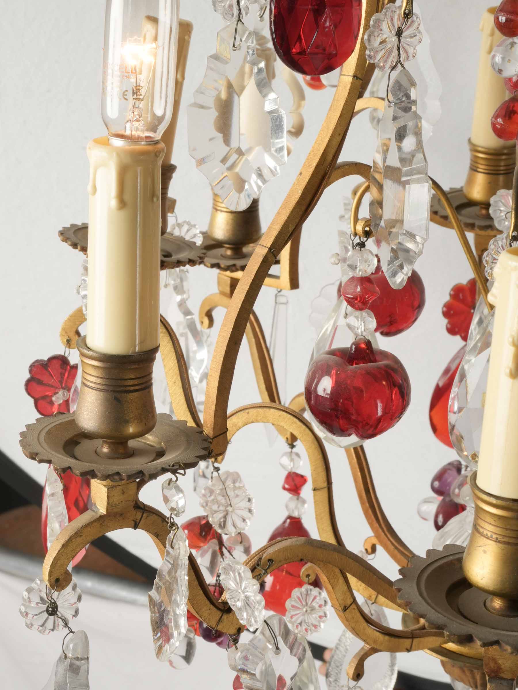 Eight-Light Gilt Bronze Chandelier w/ Abundant Ruby-Red and Clear Glass Pendants, Early to Mid-20th Century - 32¼"
