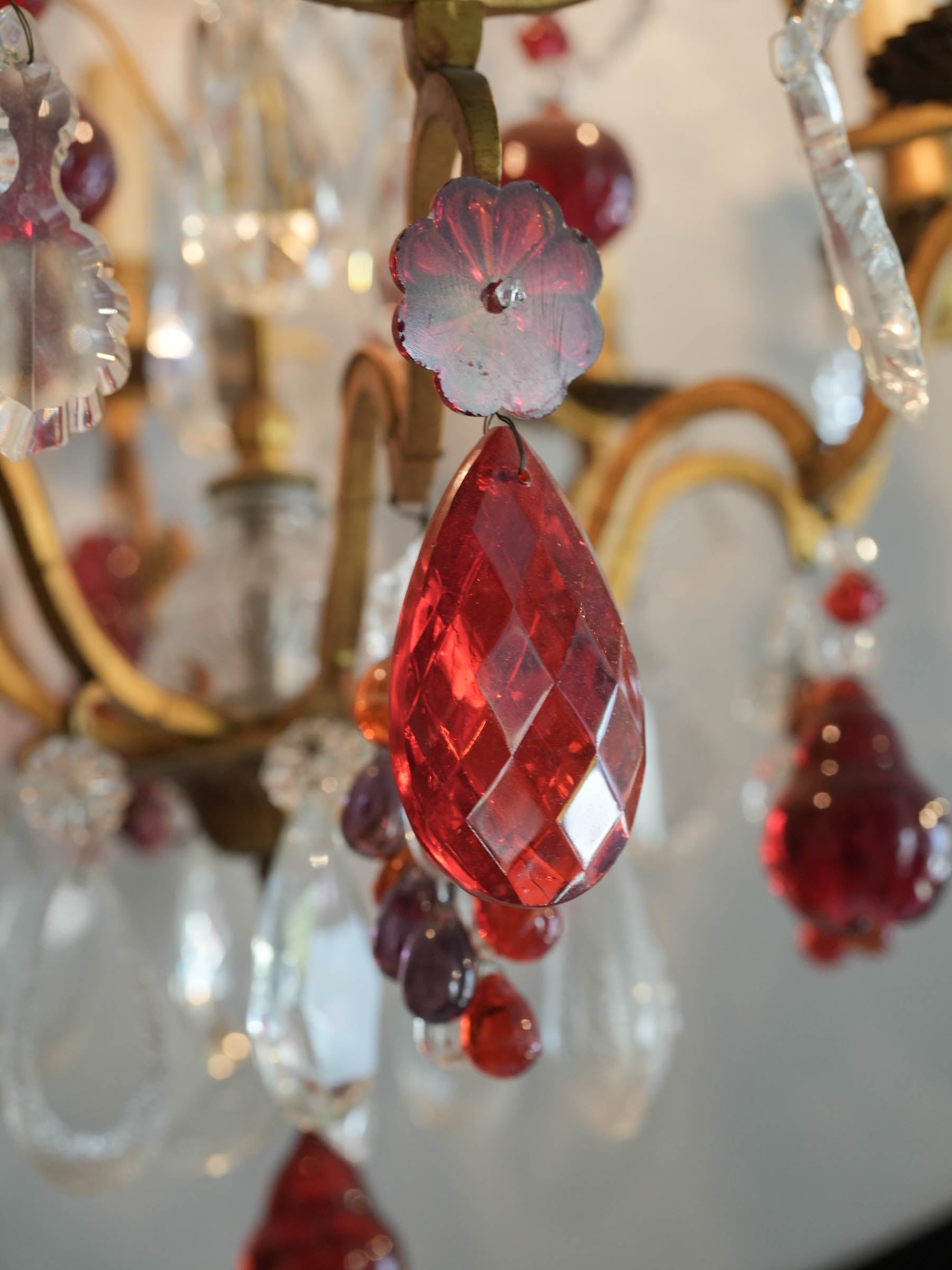 Eight-Light Gilt Bronze Chandelier w/ Abundant Ruby-Red and Clear Glass Pendants, Early to Mid-20th Century - 32¼"