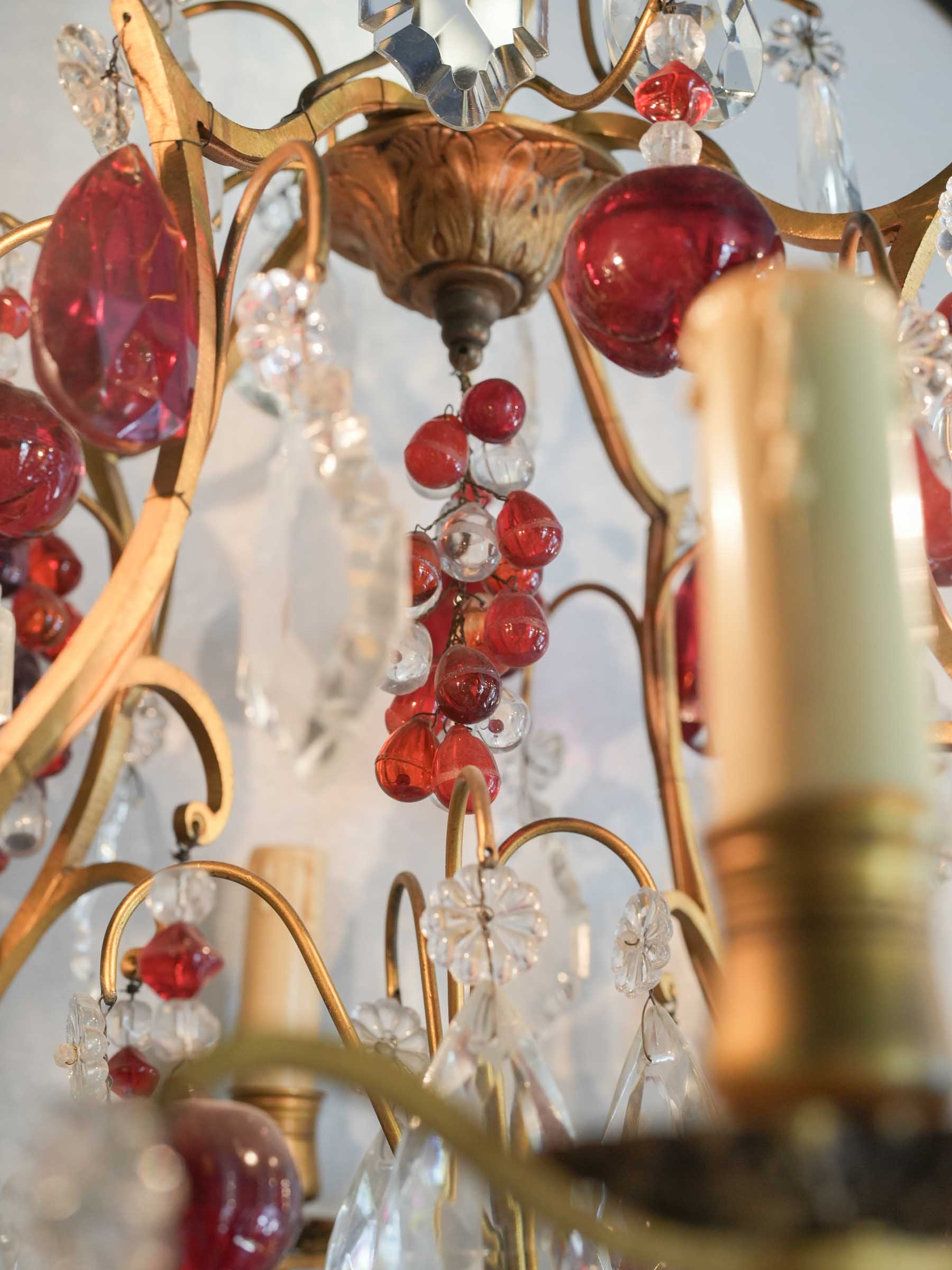 Eight-Light Gilt Bronze Chandelier w/ Abundant Ruby-Red and Clear Glass Pendants, Early to Mid-20th Century - 32¼"