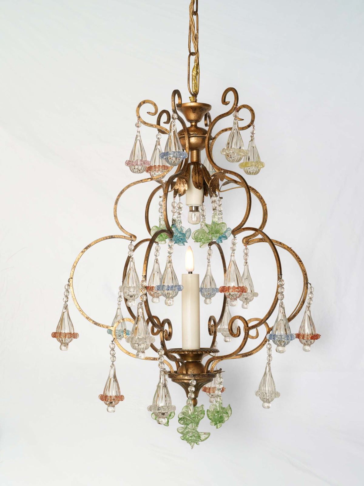 Small Gilt-Metal Cage Chandelier w/ Colored Murano Glass Pendants - 36¼" x 17"