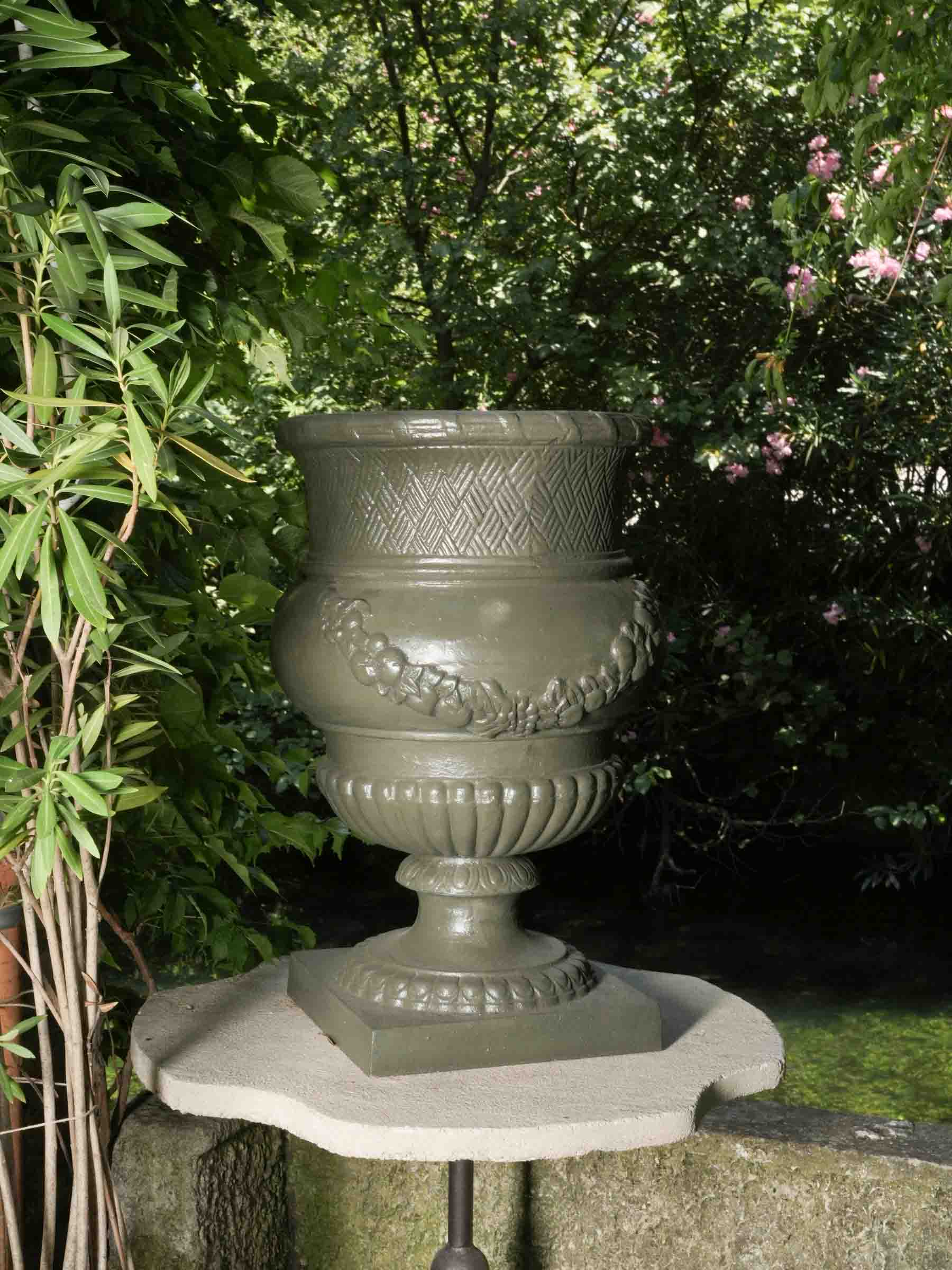 Large Louis XVI Style Cast Iron Garden Planter with Olive Green Finish - 30¼" x 19¼"