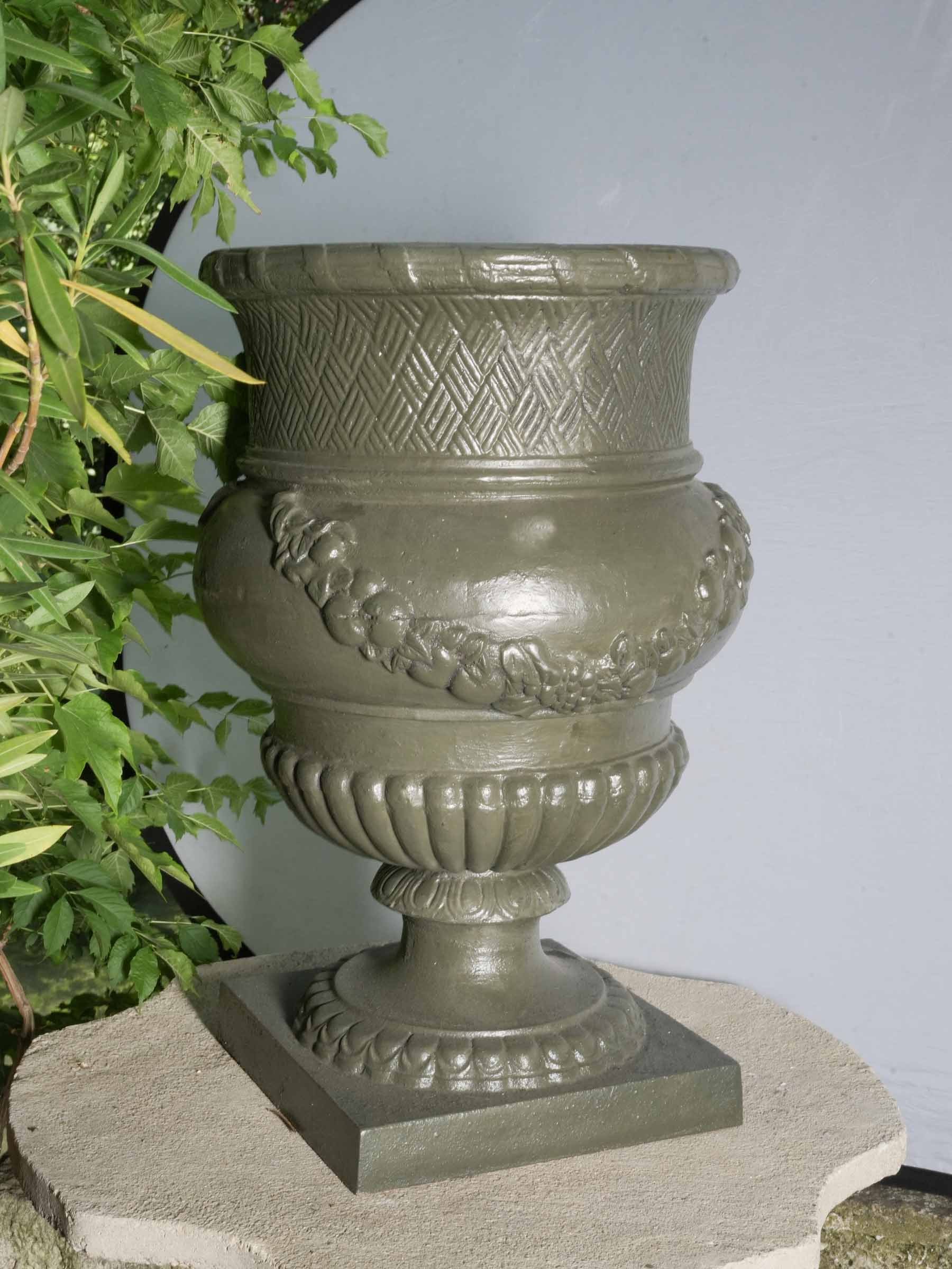 Large Louis XVI Style Cast Iron Garden Planter with Olive Green Finish - 30¼" x 19¼"
