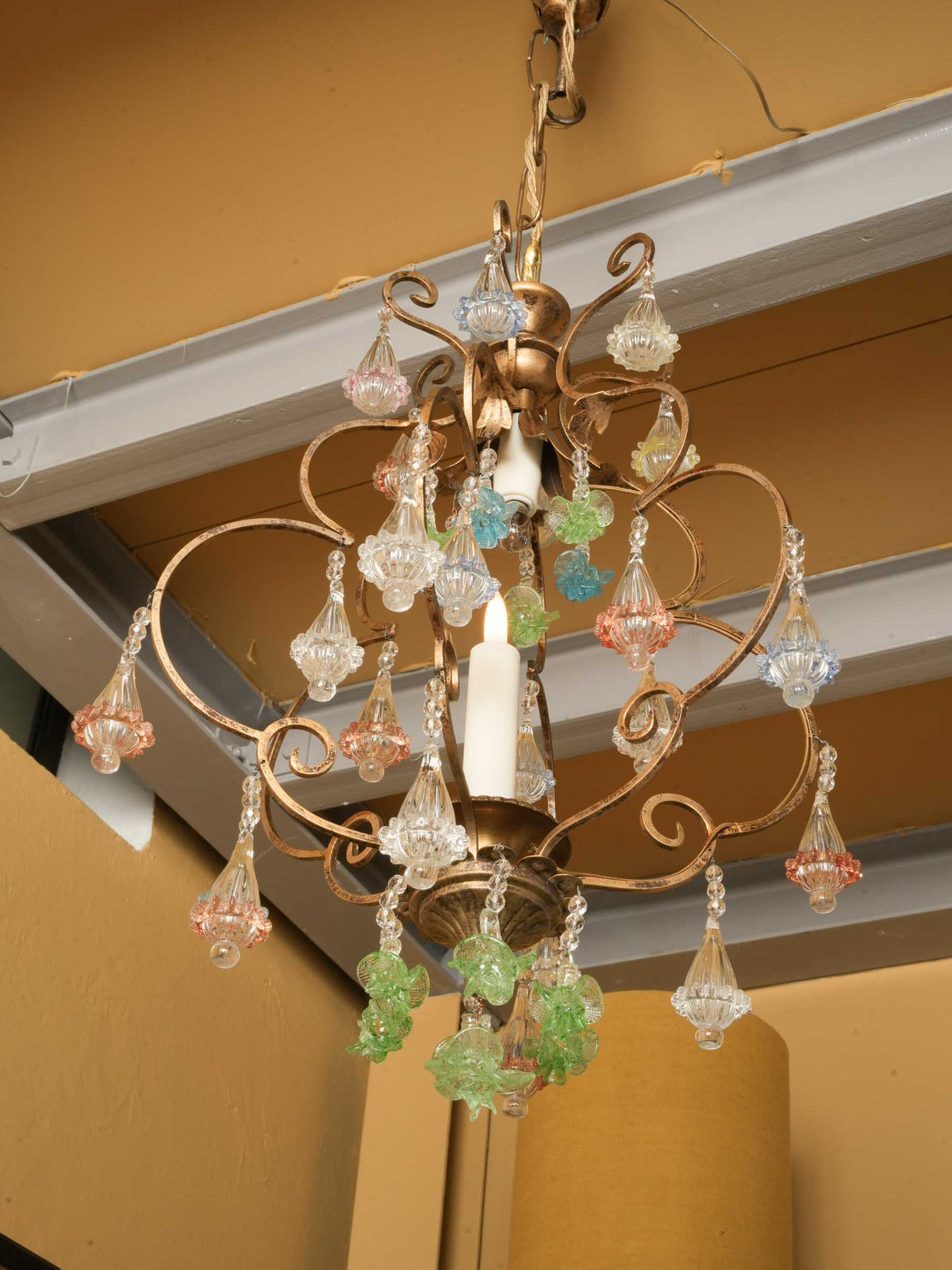 Small Gilt-Metal Cage Chandelier w/ Colored Murano Glass Pendants - 36¼" x 17"