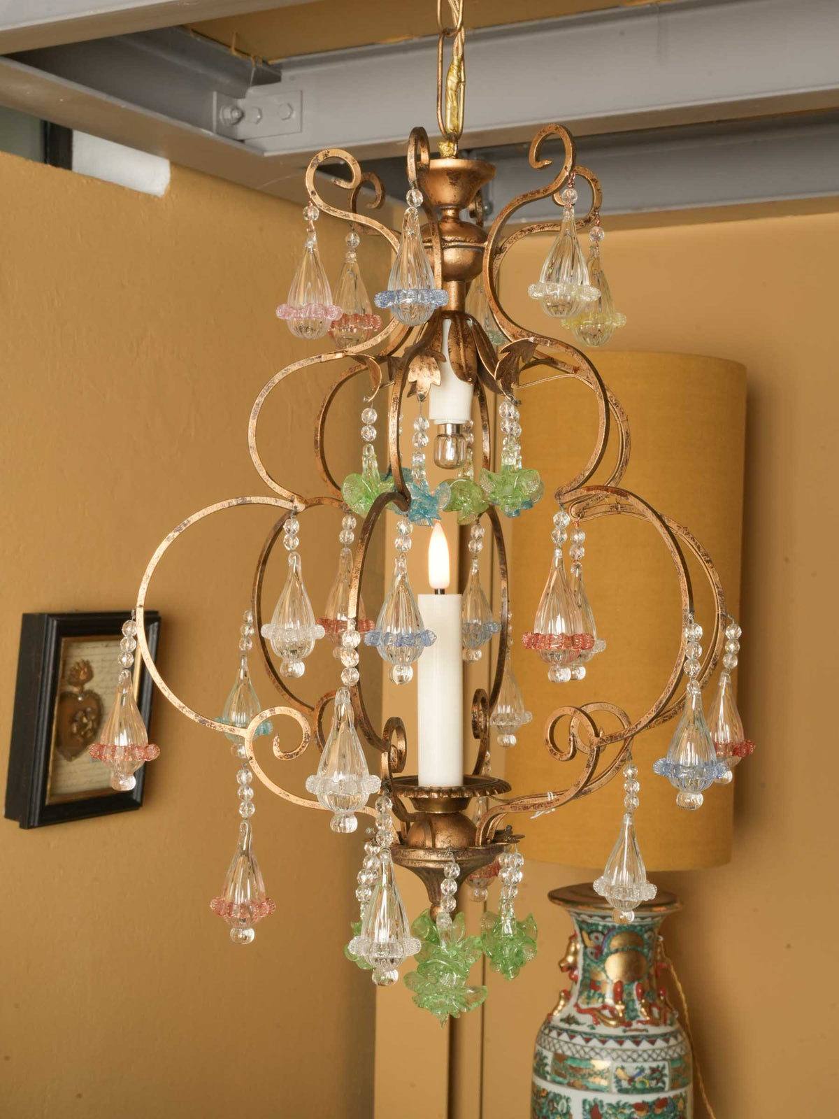 Small Gilt-Metal Cage Chandelier w/ Colored Murano Glass Pendants - 36¼" x 17"