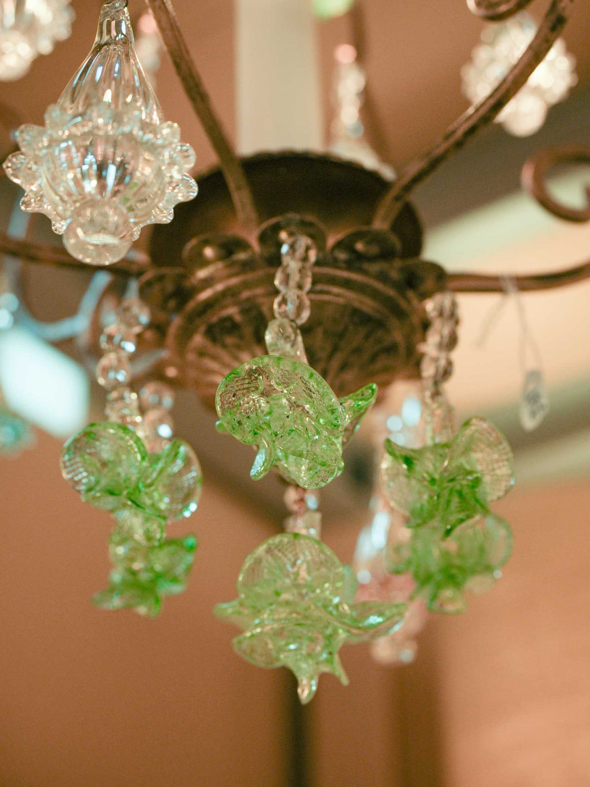 Small Gilt-Metal Cage Chandelier w/ Colored Murano Glass Pendants - 36¼" x 17"