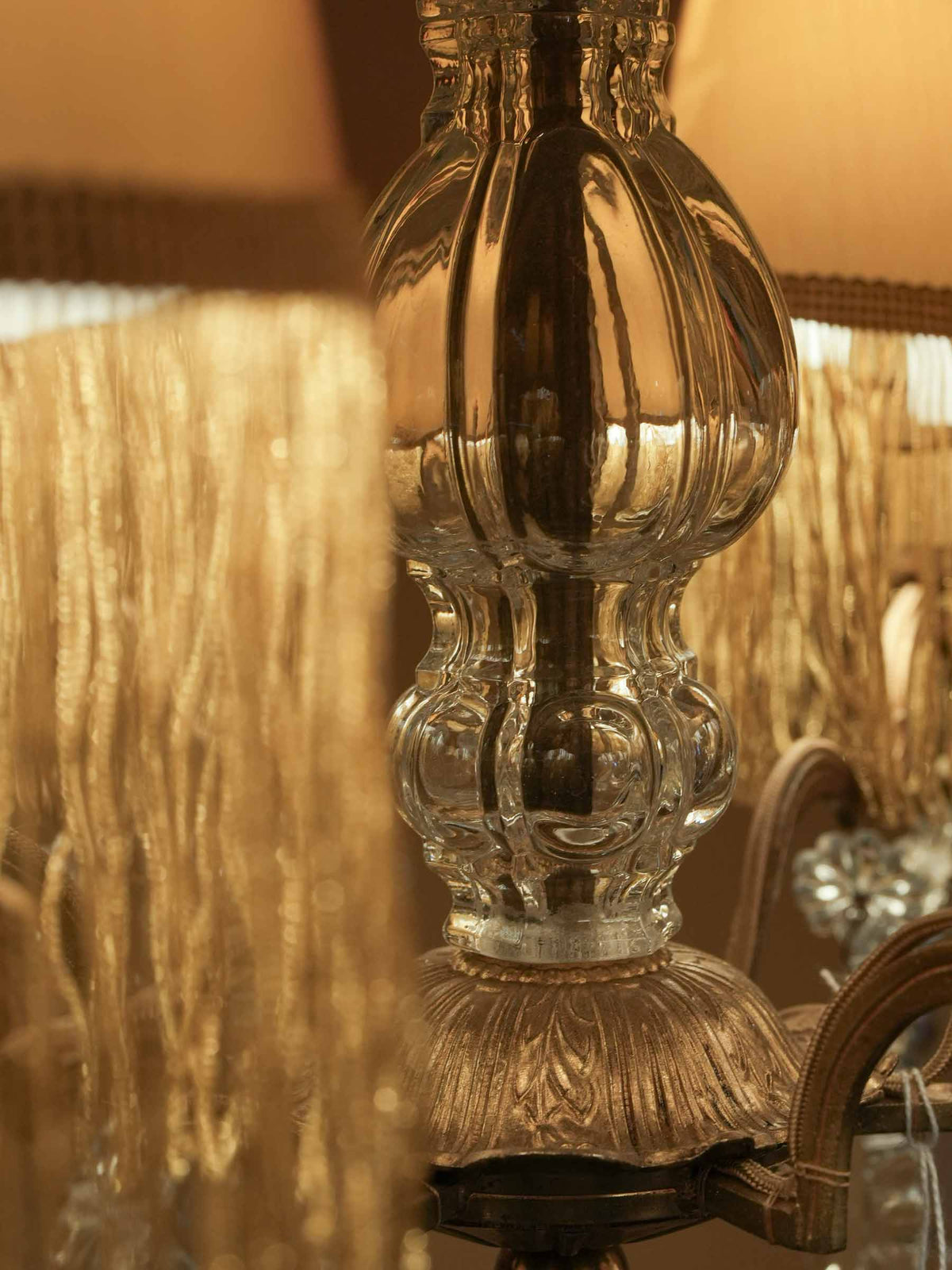 Glamorous Six-Light Chandelier w/ Glass Pendants and Fringed Shades - 32¾" x 17"
