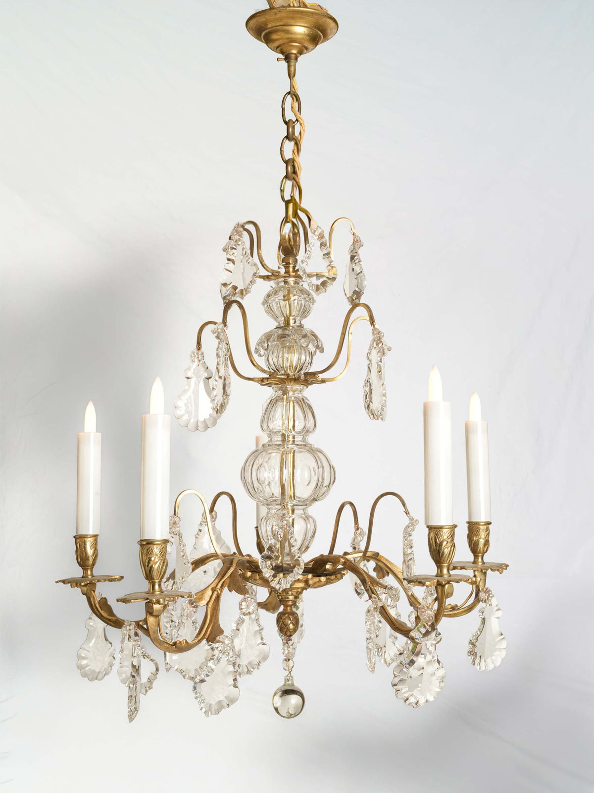 Refined Antique Gilt-Brass Five-Light Chandelier- 33" x 21¼"