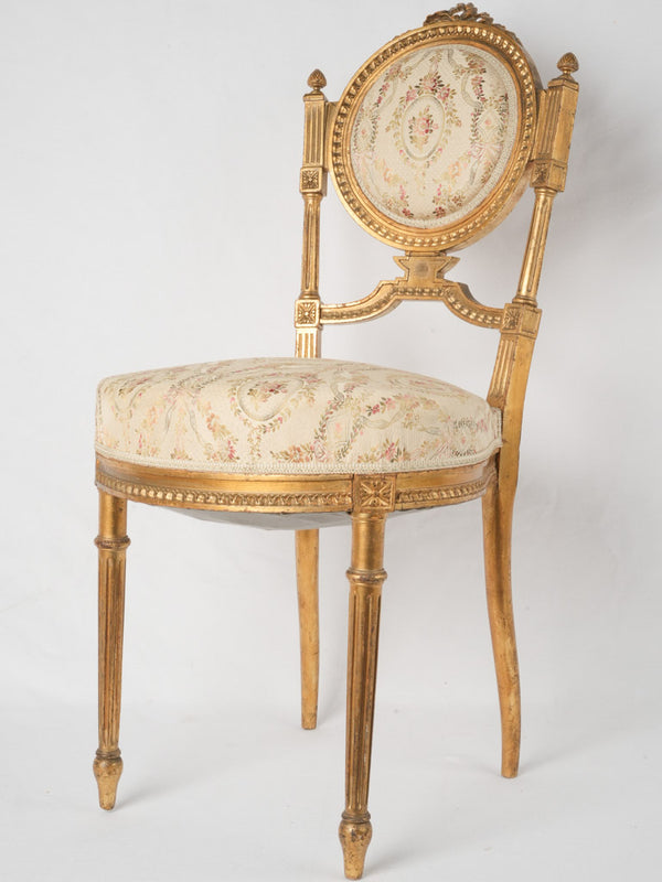 Rare Louis XVI-style gilded chair w/ petit medallion back & pretty floral silk upholstery