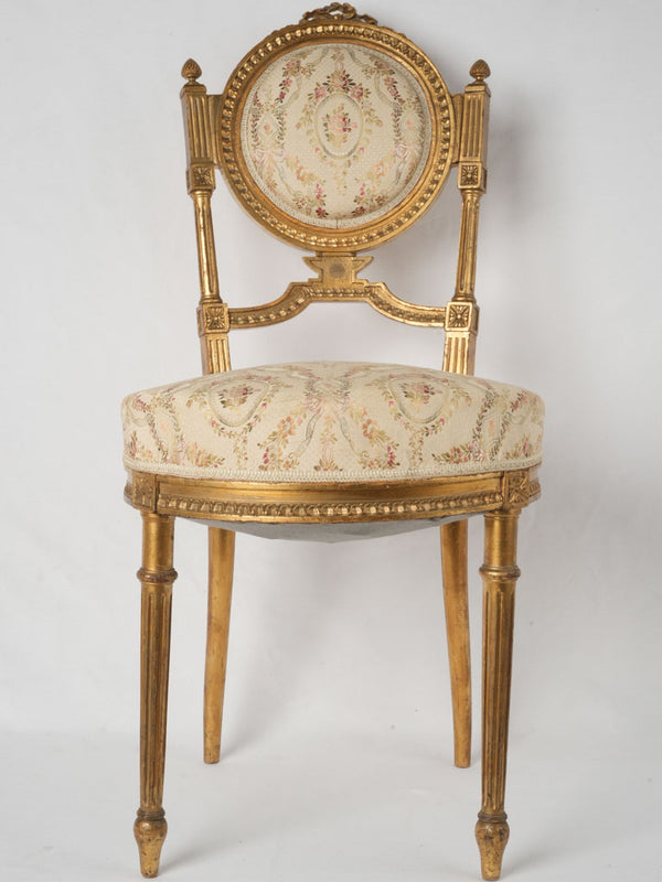 Rare Louis XVI-style gilded chair w/ petit medallion back & pretty floral silk upholstery