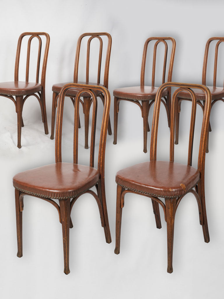 Set of Six 1930s French Bentwood Dining Chairs w/ Faux Leather Seats - 36½"