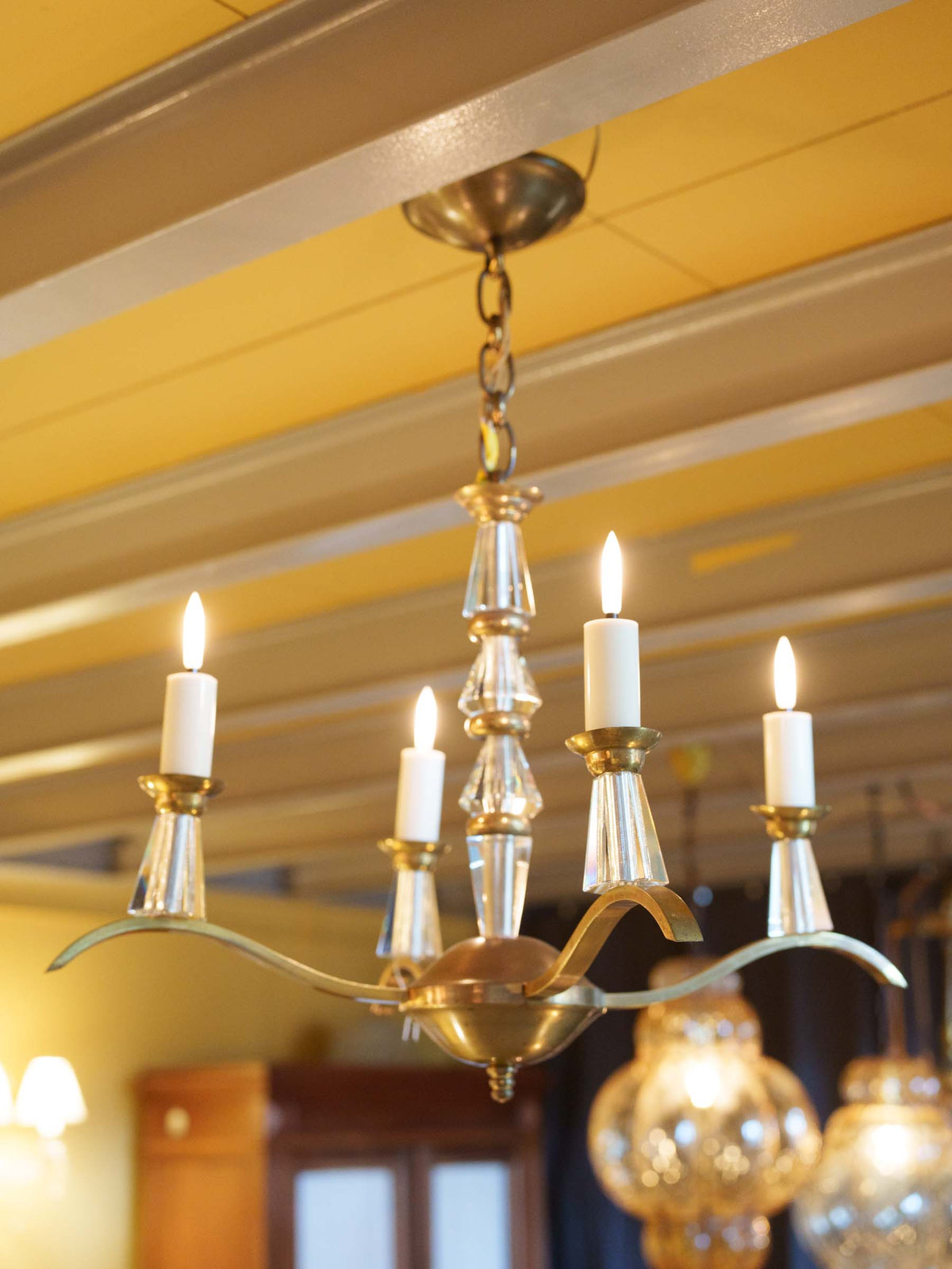 Elegant French Art Deco Brass and Cut-Crystal Four-Light Chandelier, in the Style of Adnet - 23¼" x 20¾"