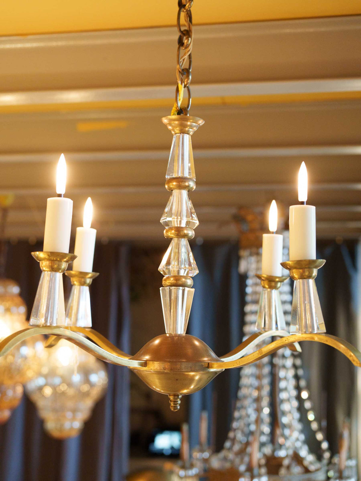 Elegant French Art Deco Brass and Cut-Crystal Four-Light Chandelier, in the Style of Adnet - 23¼" x 20¾"