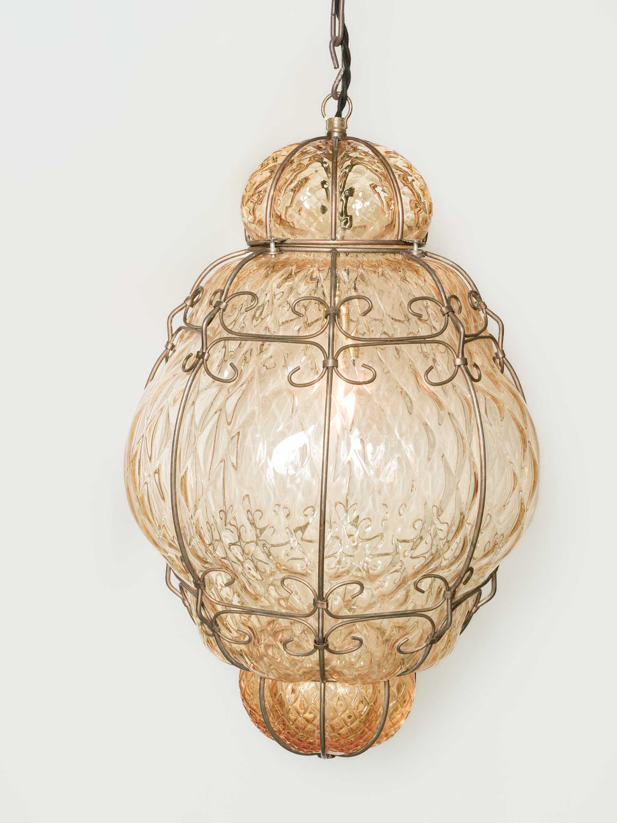 Vintage Murano Amber Glass Caged Pendant Lantern - 21¼"