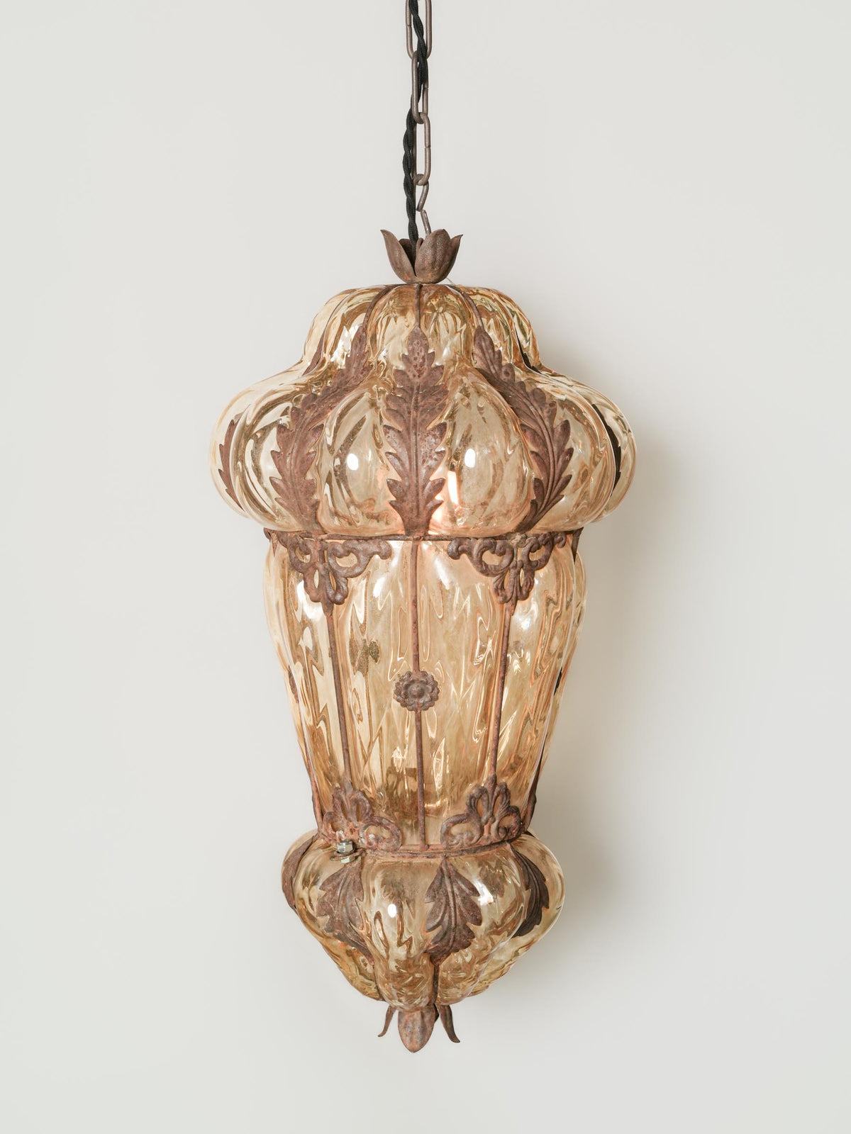 Mid-Century Murano Amber Glass Lantern w/ Ornate Iron Cage - 21¼"