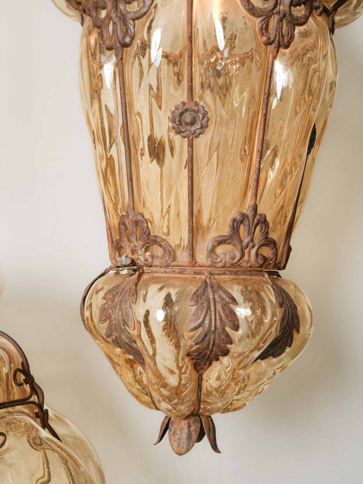 Mid-Century Murano Amber Glass Lantern w/ Ornate Iron Cage - 21¼"