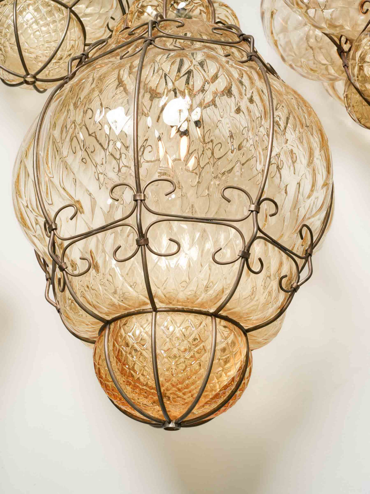 Vintage Murano Amber Glass Caged Pendant Lantern - 21¼"