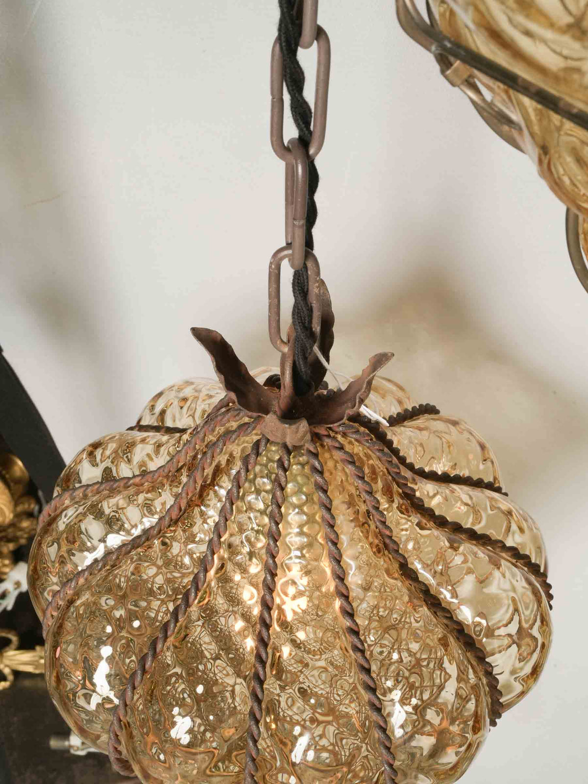 Murano Mouth-Blown Glass Lantern w/ Intricate Wire Cage - 19¼"