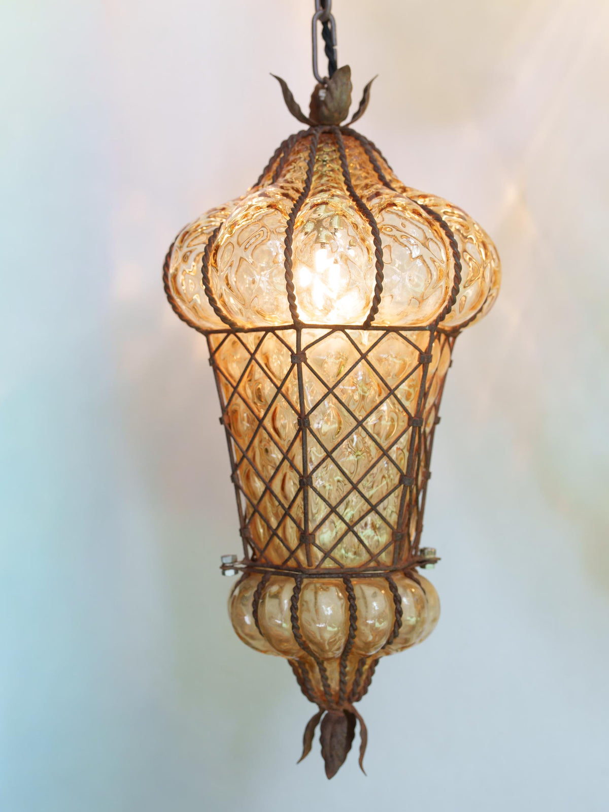 Murano Mouth-Blown Glass Lantern w/ Intricate Wire Cage - 19¼"