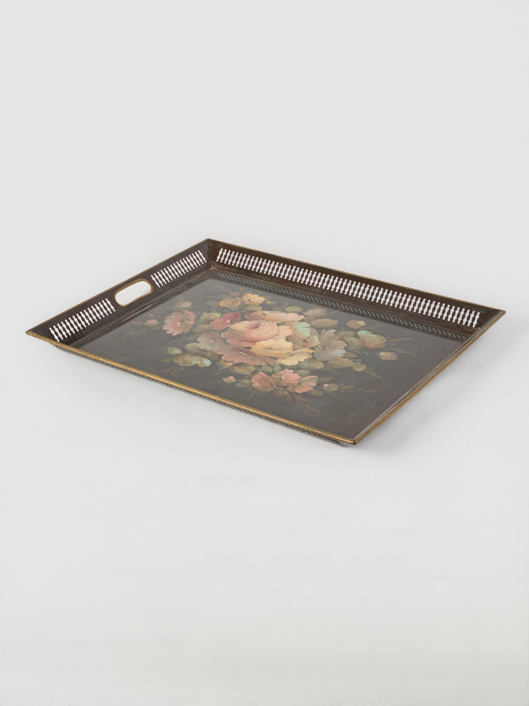 Handpainted French Napoléon III tôle tray w/ floral still life - 18" x 14¼"