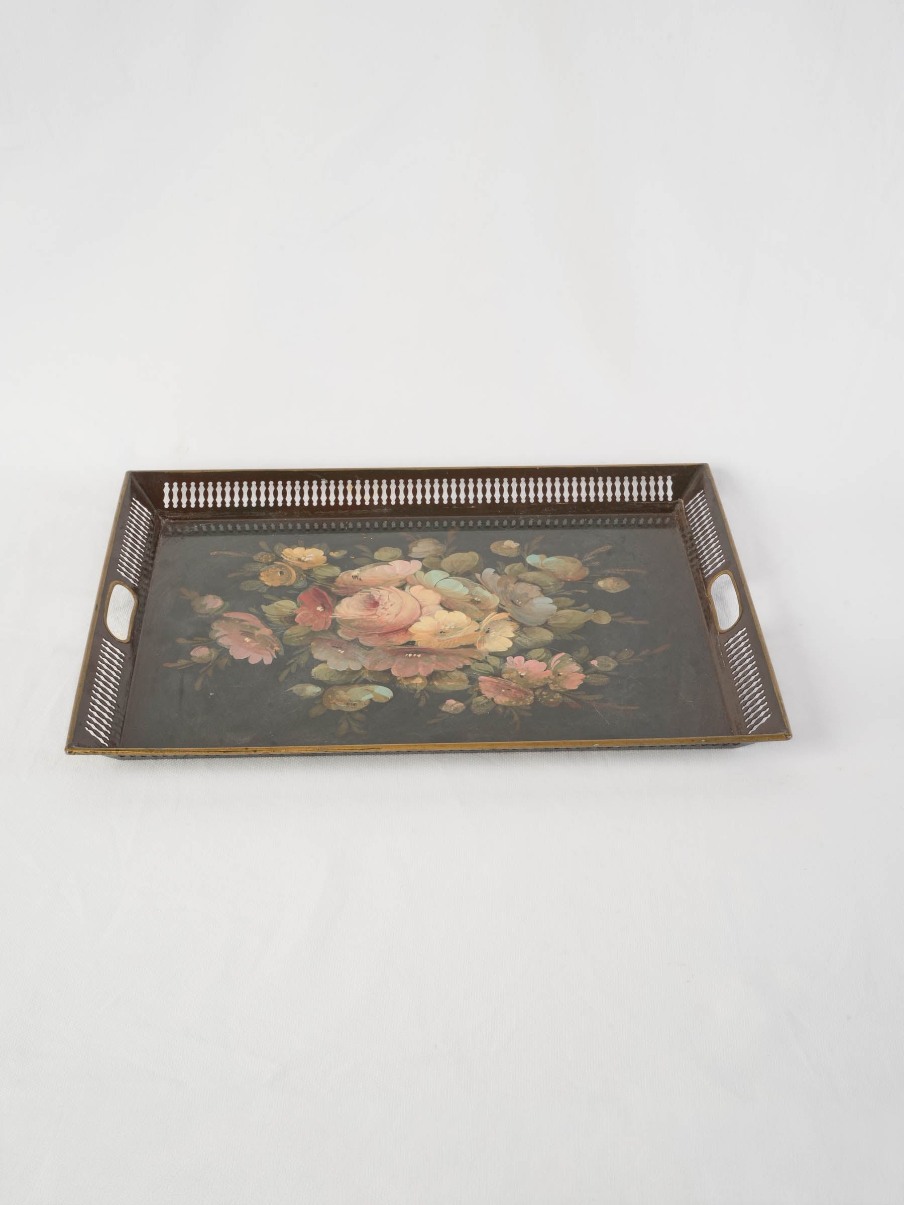 Handpainted French Napoléon III tôle tray w/ floral still life - 18" x 14¼"