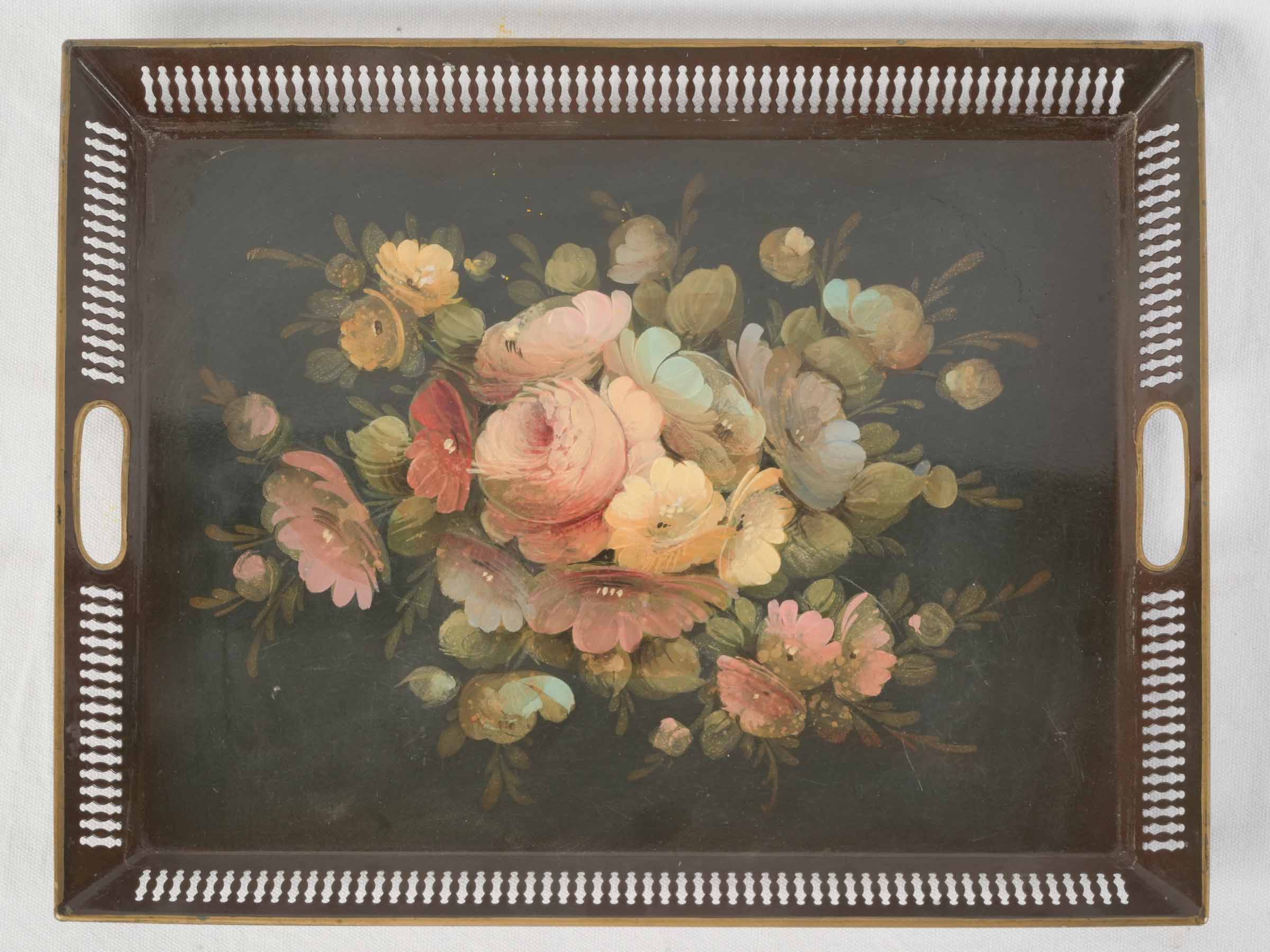 Handpainted French Napoléon III tôle tray w/ floral still life - 18" x 14¼"