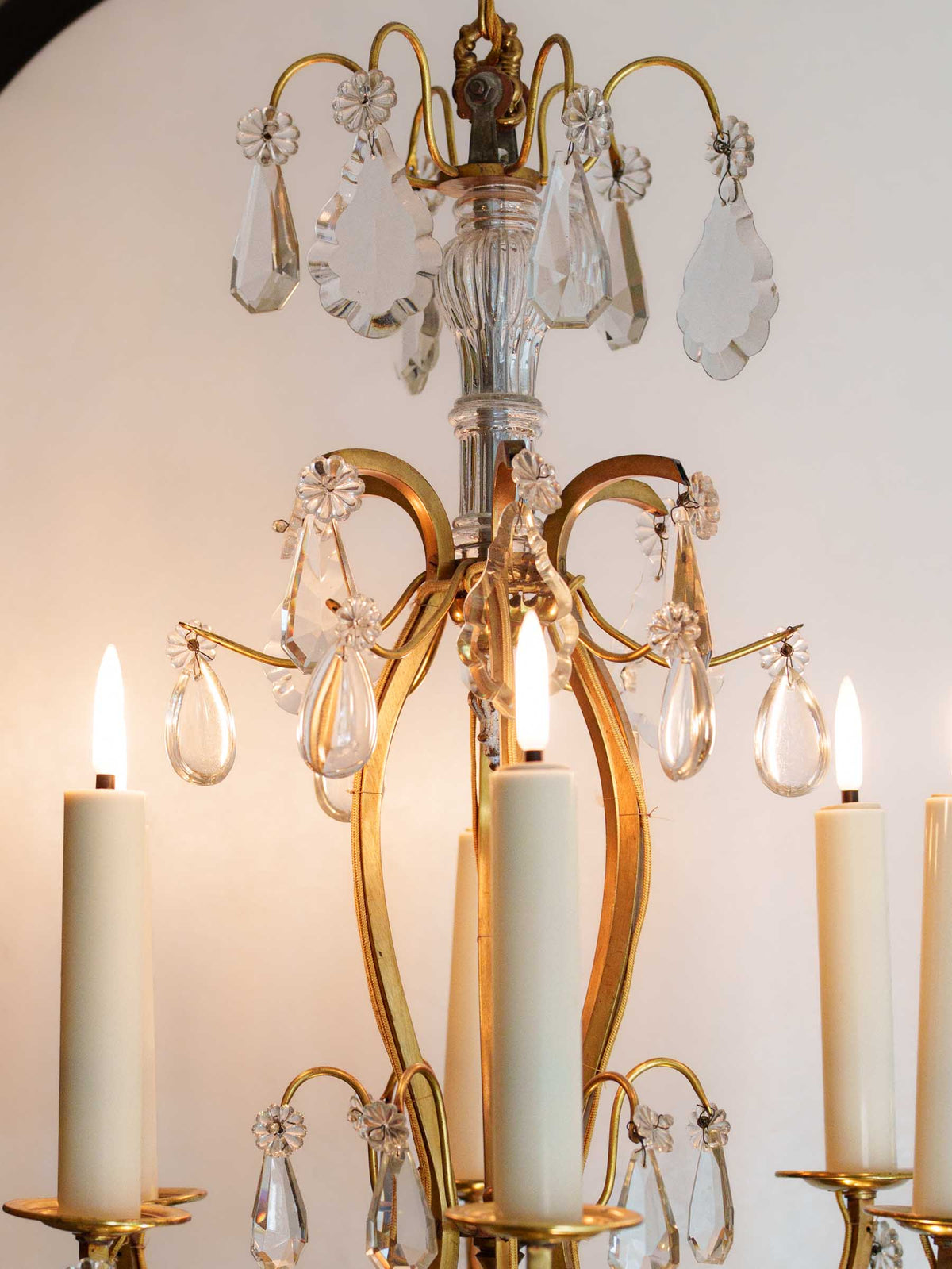 Graceful Mid-Century French Six-Light Gilt-Metal Chandelier w/ Glass Pendants - 29¼"